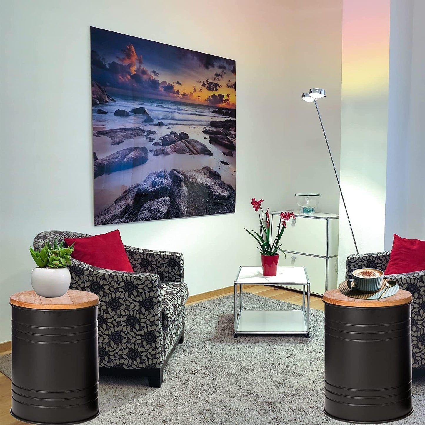 Glitzhome Farmhouse Accent Side Table, Metal Storage Stool Ottoman with Round Lid - Galvanized Coffee Cocktail End Tables Set of 2 for Living Room Bedroom, Black