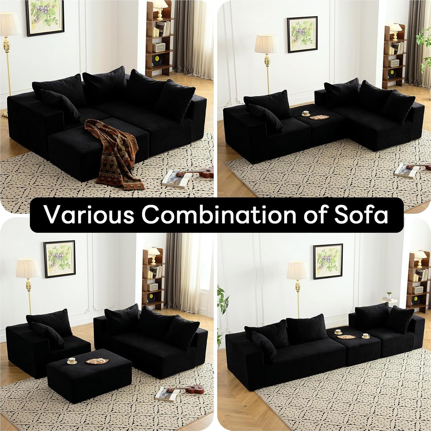Vamcheer Modular Sectional Sofa with Chaise, Modern L Shaped Cloud Couch with Deep Seat, Sectional Couches for Living Room, Bedroom, Office, No Assembly Required, Black