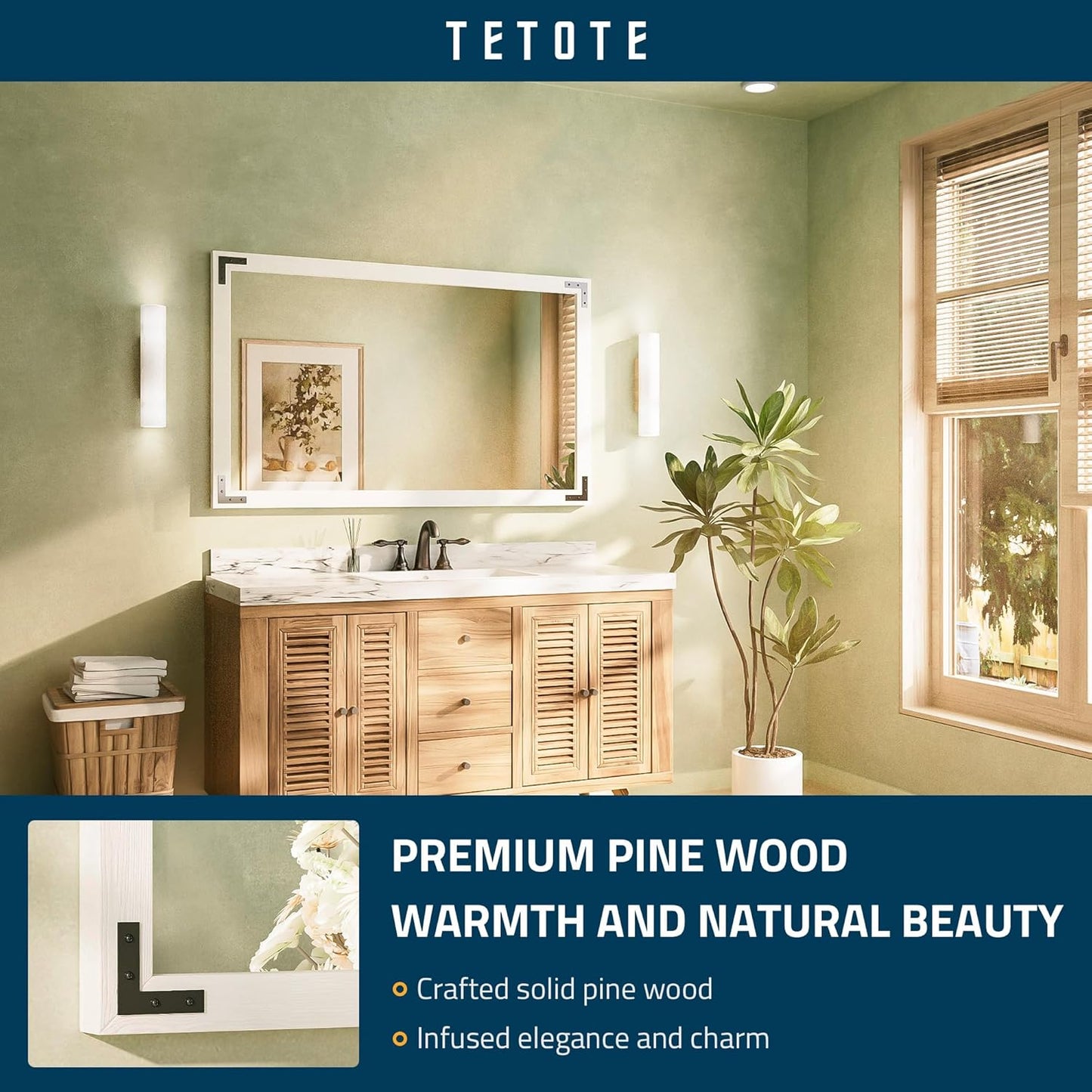 TETOTE 48 x 30 White Wood Mirror for Bathroom Wall/Bedroom/Living Room/Entryway Farmhouse Rustic Bathroom Vanity Mirror for Over Sink Waterproof (Horizontal/Vertical Mounted)