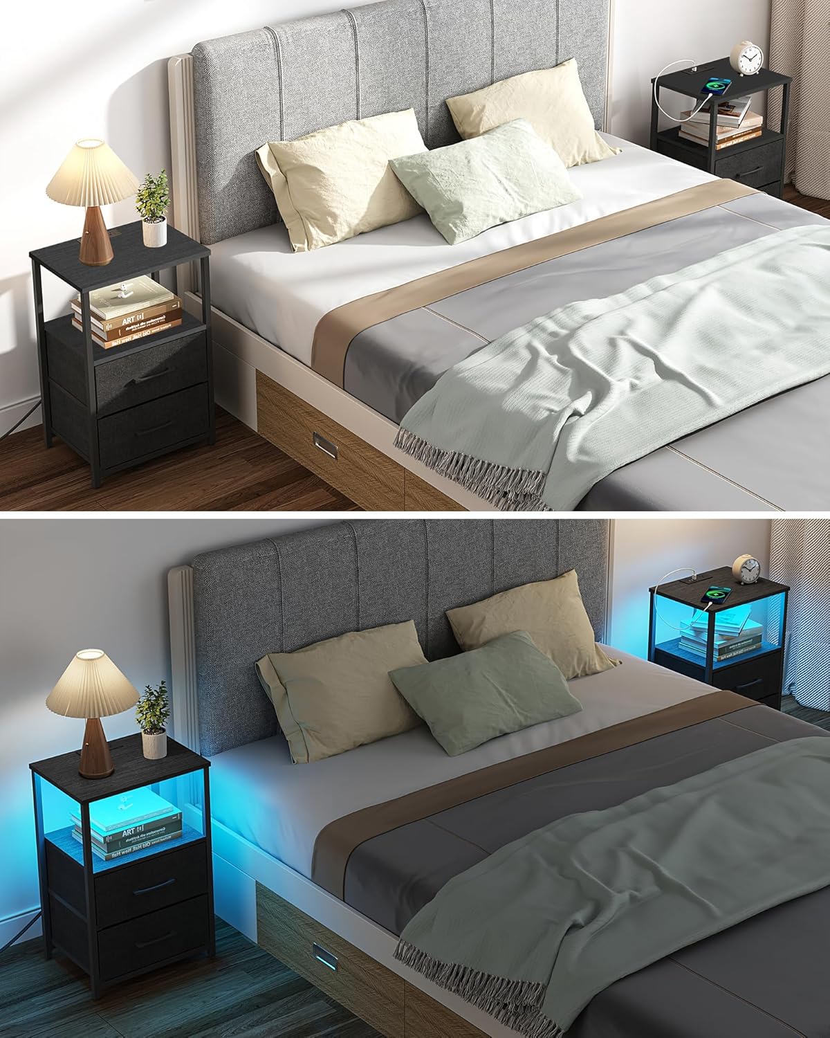 TUTOTAK LED End Table with Charging Station, Night Stand, Side Table with 2 USB Ports and Outlets, Nightstand with Cloth Drawer, Bedside Table for Livingroom, Bedroom Black TB01BK088L