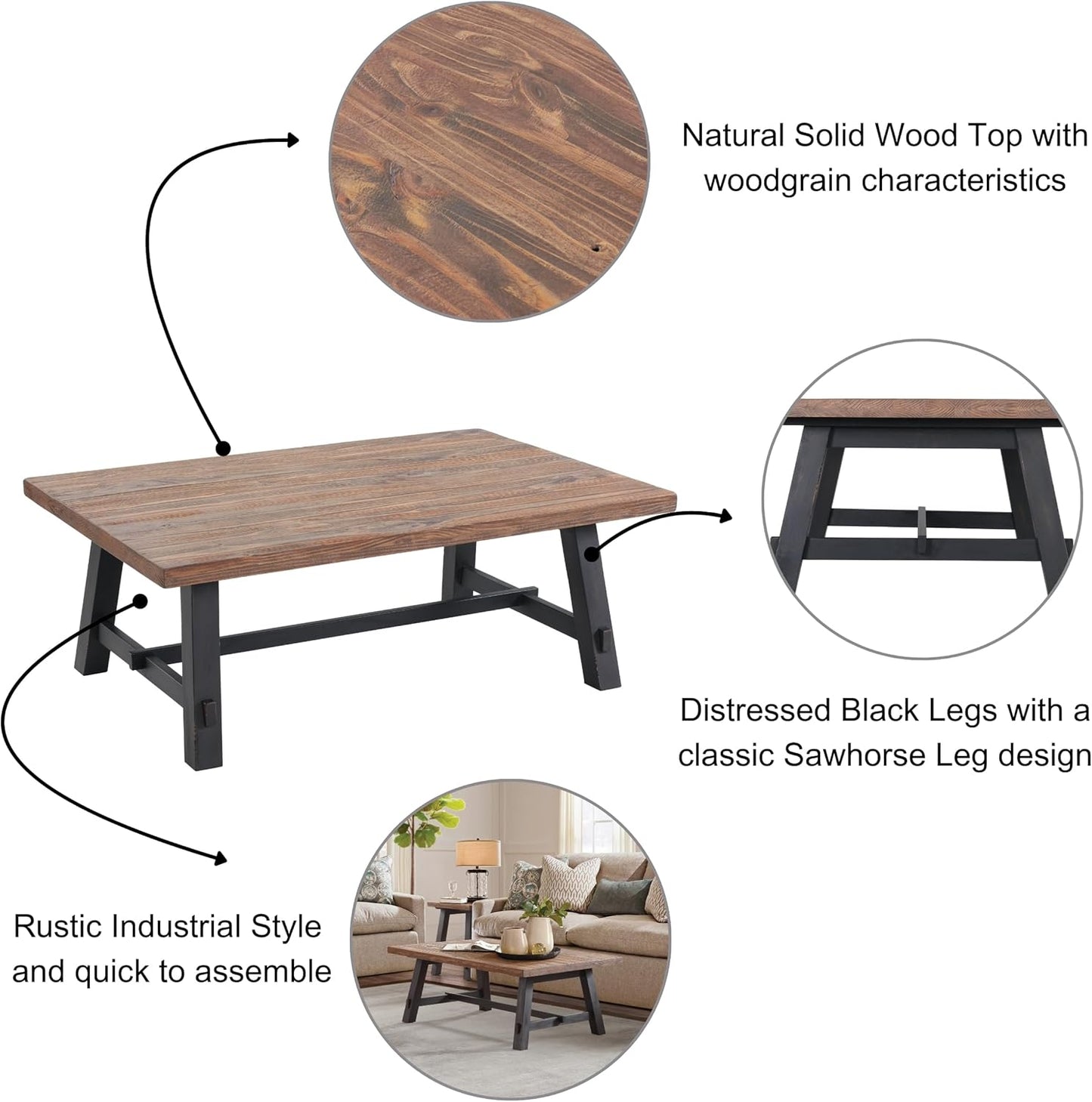 Alaterre Furniture Adam 48-Inch Solid Wood Coffee Table - Easy Assembly Rustic Industrial Design Accent Table with Natural Wood Grain for Living Room