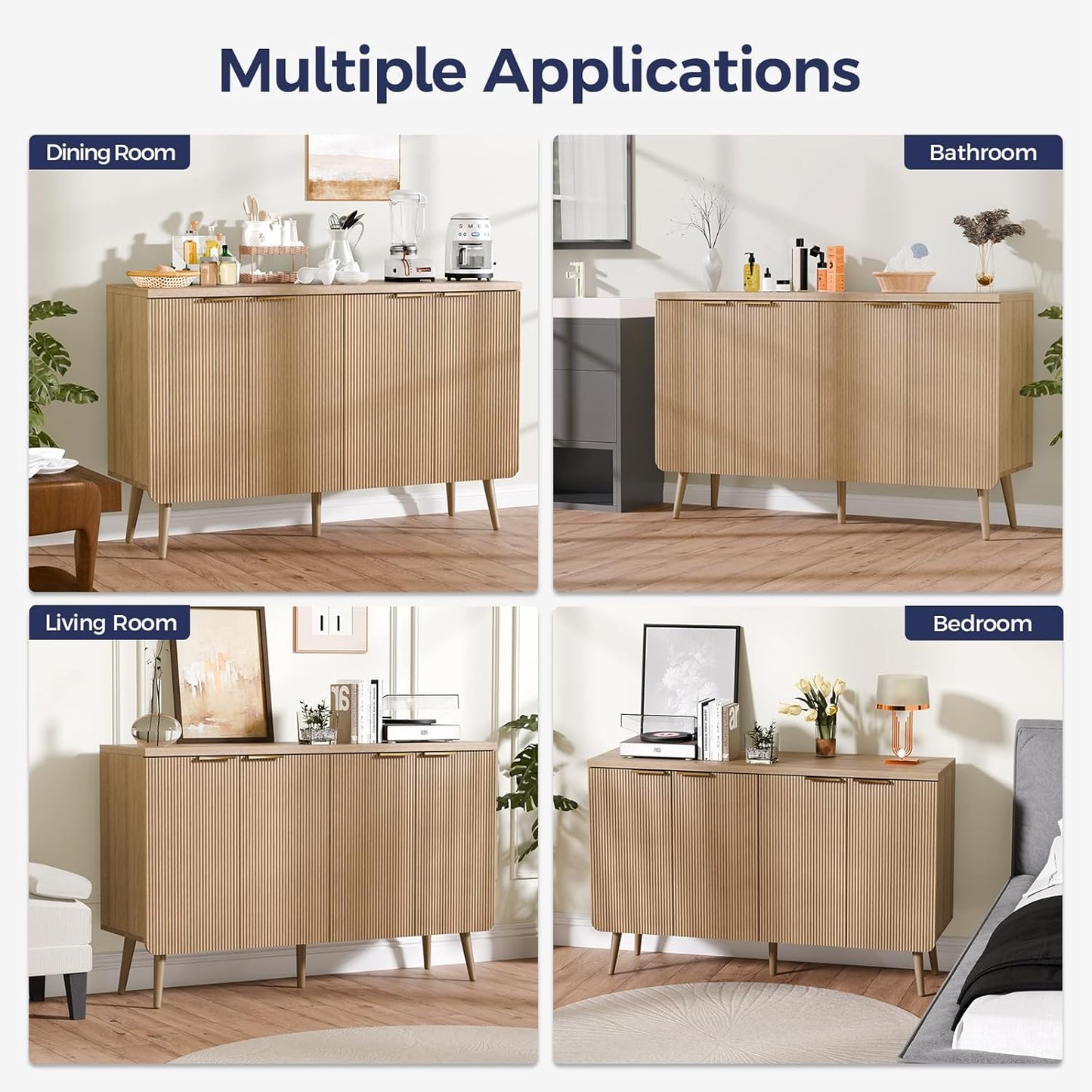 47.2" Buffet Cabinet with 4 Doors, Accent Sideboard Cabinet with Adjustable Shelf, Dining Room Sideboard with Waveform Panel, Credenzas for Living Room, Hallway, Natual Oak