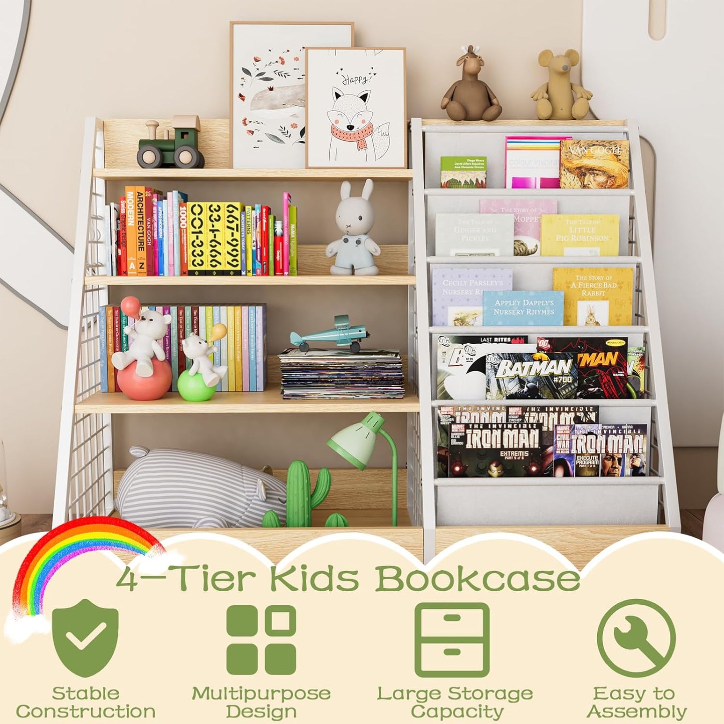Kids Book Shelf,4 Tier Wooden Bookshelf,5 Layer Sling Children Bookcase,Toy Organizer Cabinet Chest,Book Display Shelf with Metal Frame, Nursery Playroom Classroom Library (Natural)
