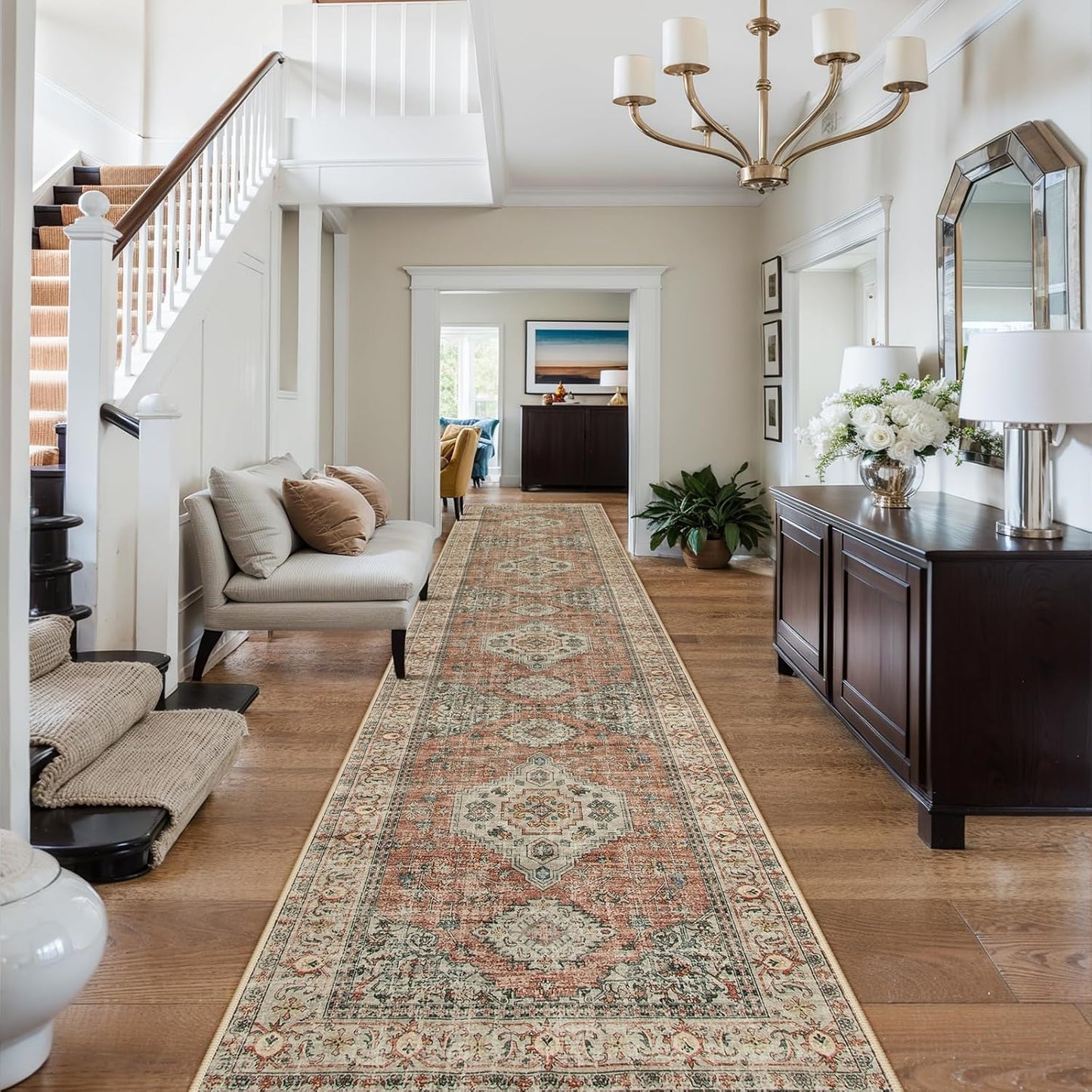 Lahome Oriental Kitchen Runners for Hallways, 2.5x12 Washable Runner Rug Non Slip, Soft Hallway Rug Distressed Ultra-Thin Long Carpet for Bathroom Entryway ‎Bedroom, Peach/Orange