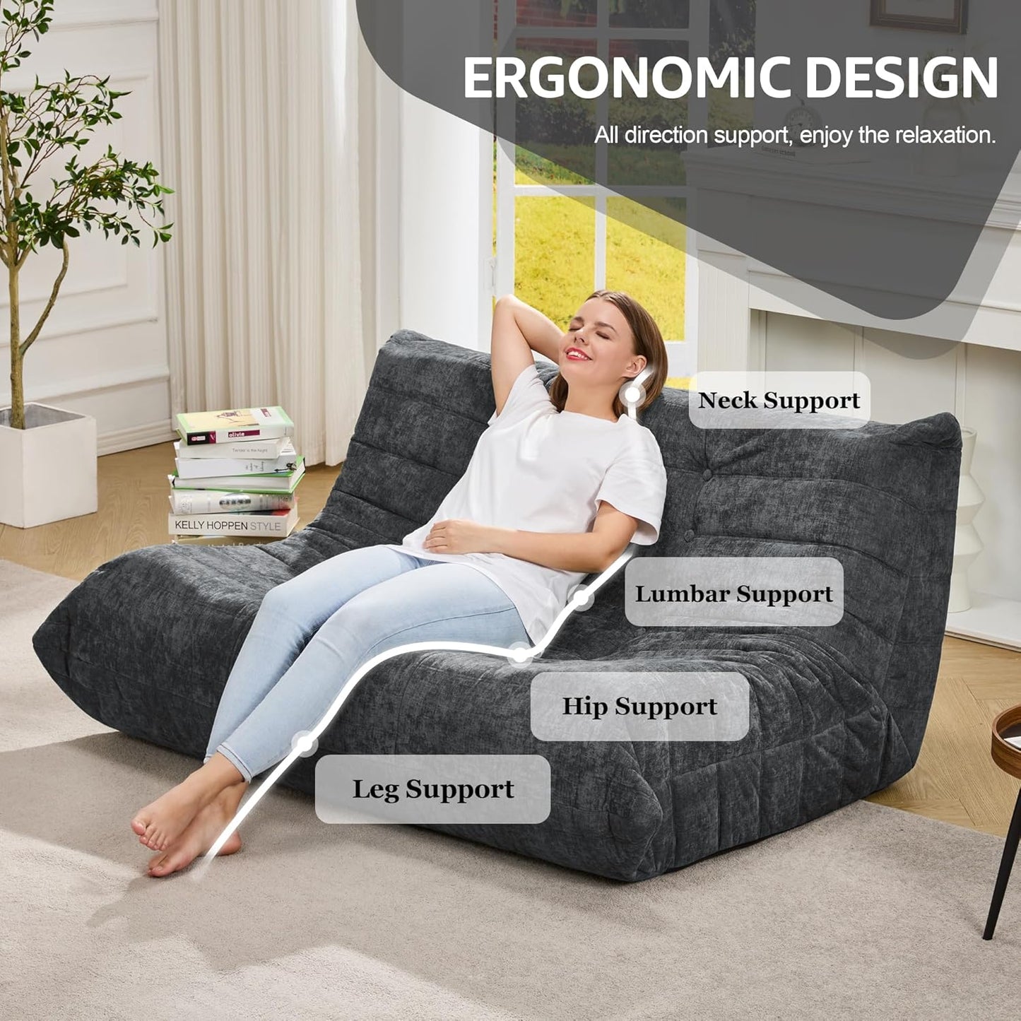 Hobestluk Bean Bag Chair Giant Bean Bag Sofa 2 Seater Bean Bag Chairs for Adults, Loveseat Floor Chair, Bean Bag Chairs for Living Room Bedroom Dorm Office (Darkgrey Chenille, Loveseat)