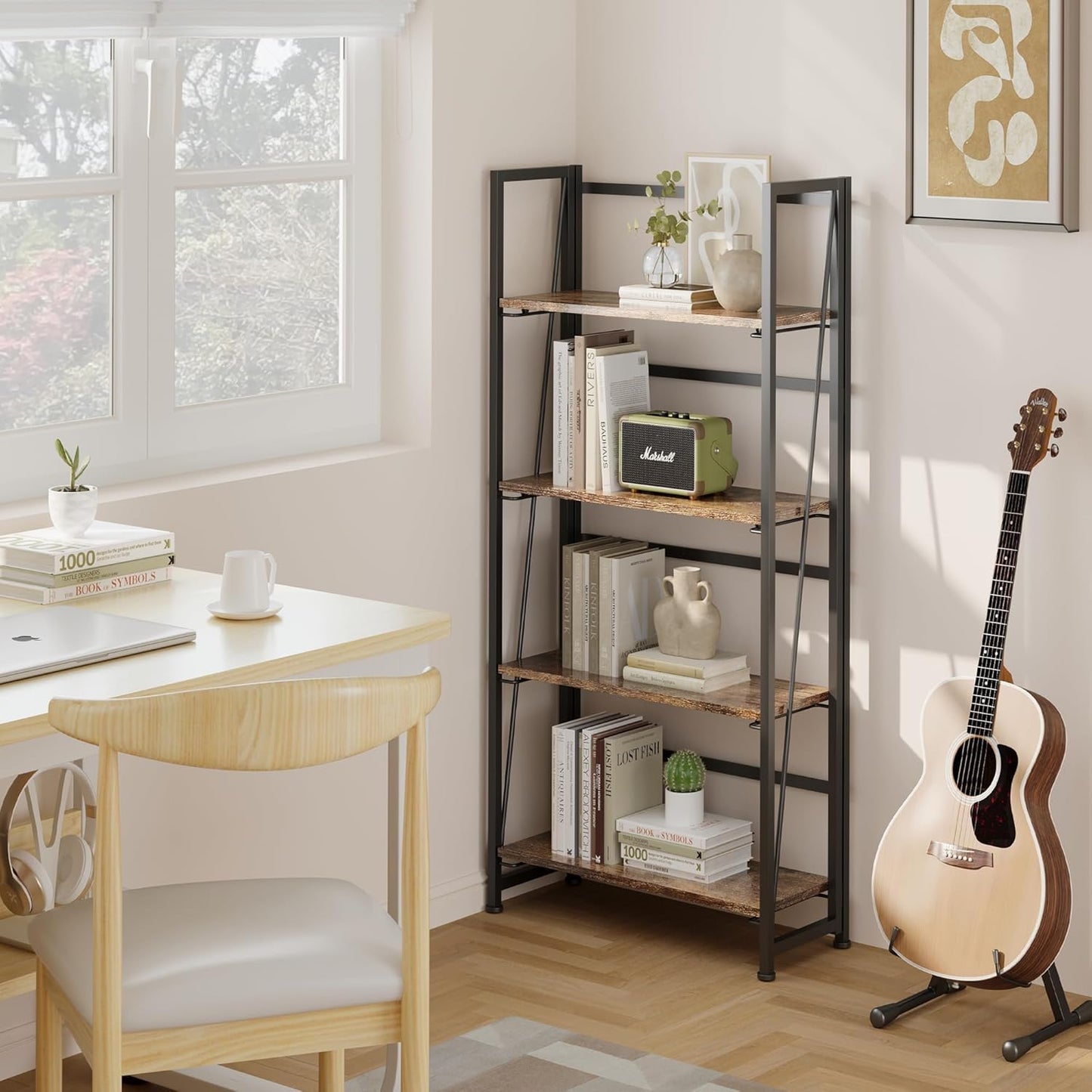 BHG Vintage Multifunctional Bookcase Folding Bookshelf, No-Assembly Plant Stand Storage Rack Shelves for Home Office (Fire, 4-Tier)
