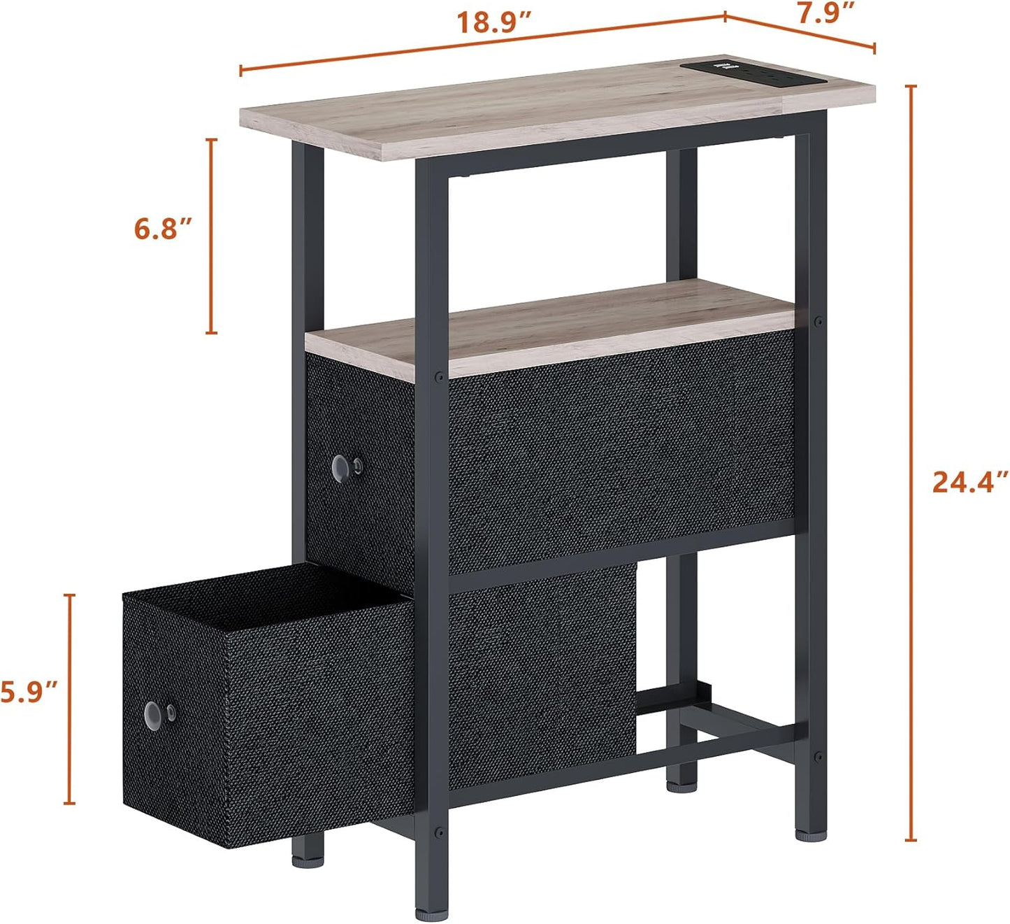 End Table Set 2 with Charging Station, Narrow Side Table with 2 Fabric Drawers, Skinny Nightstand with LED Light, Slim Bedside Table for Bedroom, Living Room, Small Spaces, Greige and Black