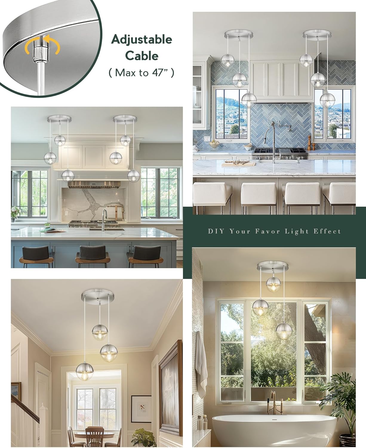 LMS Modern Brushed Nickel 3-Light Cluster Pendant Lights, Mid Century Pendant Lighting with Clear Globe Glass Shade, Adjustable Hanging Cord Ceiling Light for Bathroom Dining Room, LMS-186BNC3