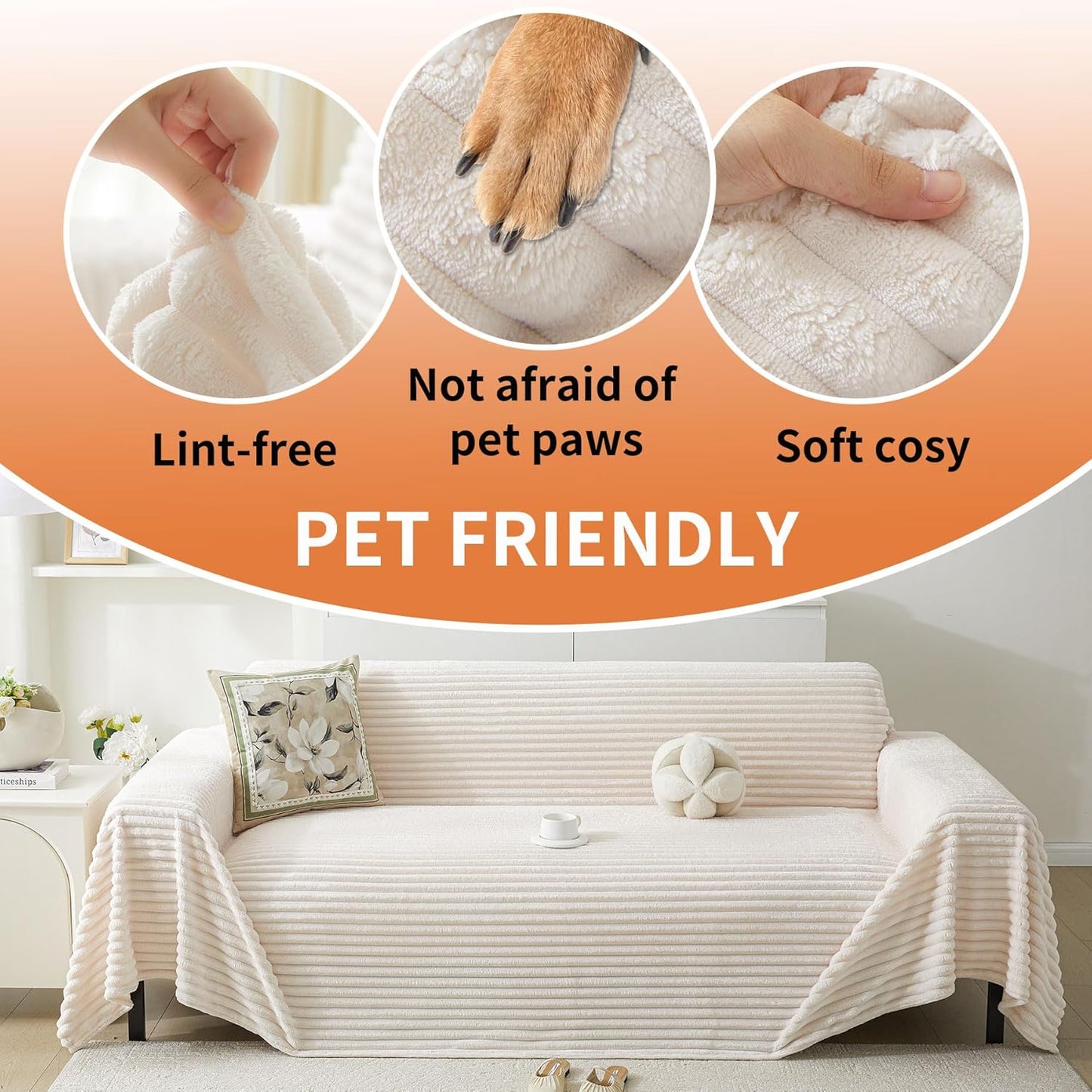 HAOMAIJIA Faux Fur Sofa Covers Couch Covers for 3 Cushion Couch Sofa Pet Friendly Soft Non Slip Couch Cover for Dogs Washable Sectional Couch Covers L Shape Furniture Protector (Off White, 71"x134")