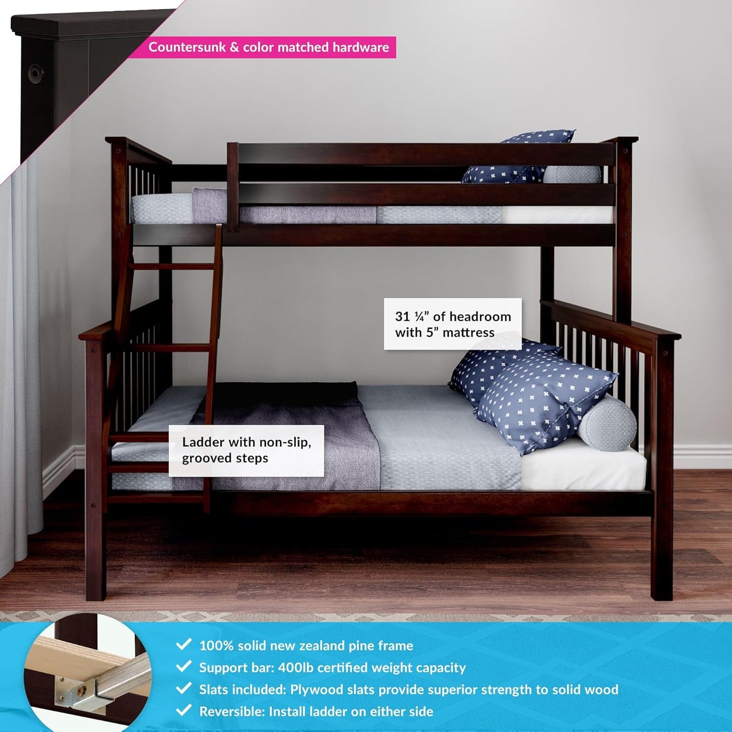 Max & Lily Bunk Bed Twin Over Full Size with Ladder, Solid Wood Platform Bed Frame with Ladder for Kids, 14" Safety Guardrails, Easy Assembly, No Box Spring Needed, Espresso