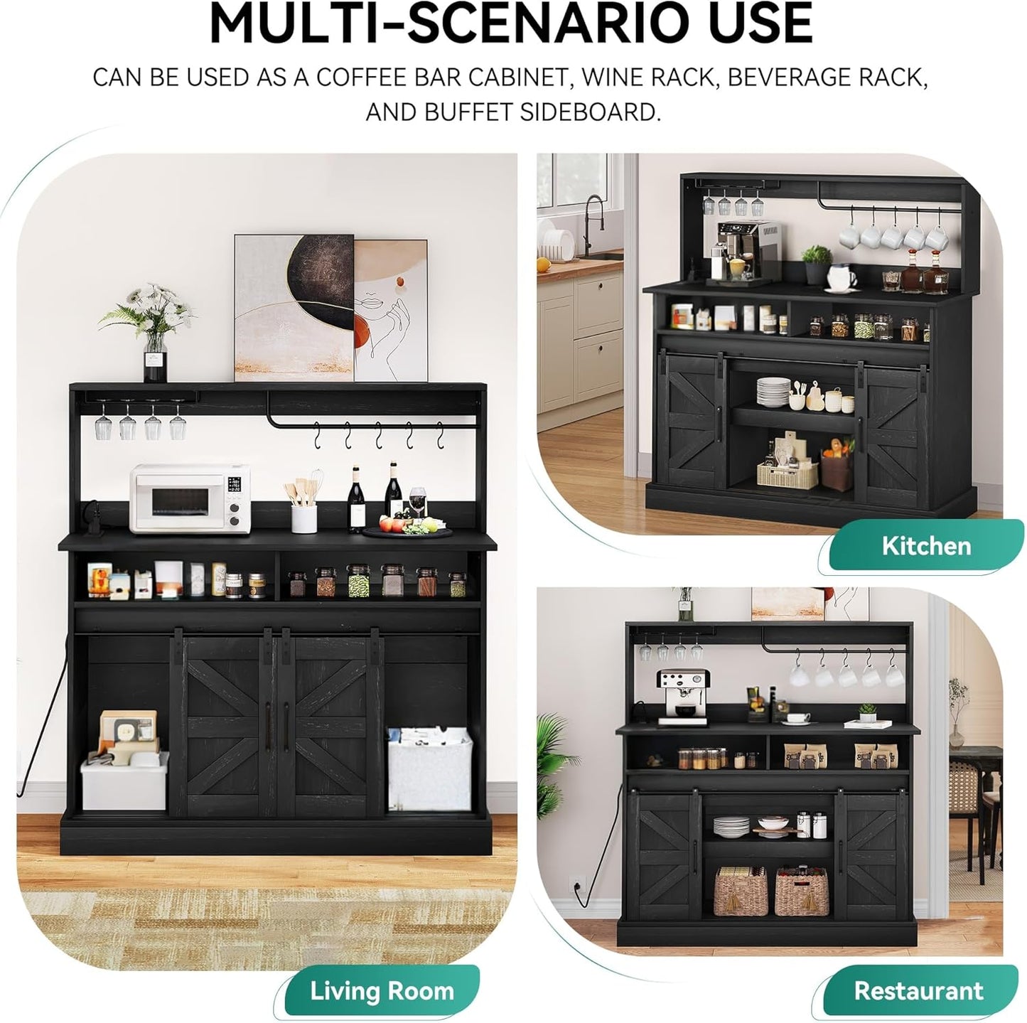 YITAHOME Buffet Cabinets with Upper Rack, Farmhouse Coffee Bar Cabinet with Power Outlet & Goblet Holder, 47 Inch Sideboard Cabinets with Sliding Barn Door for Kitchen, Living Room (Black Oak)