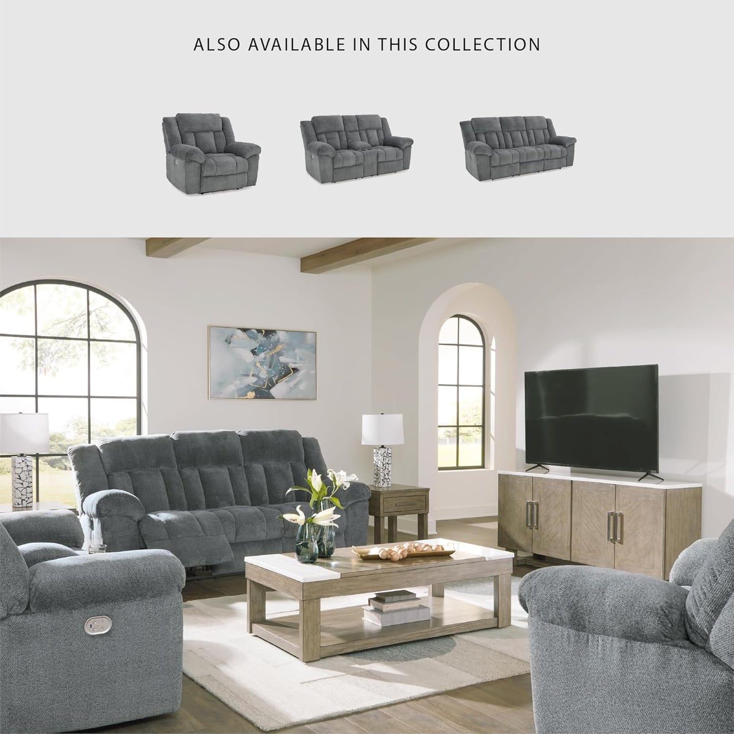 Signature Design by Ashley Tip-Off Modern Wall Hugger Power Reclining Sofa with Adjustable Headrest and USB Ports, Gray