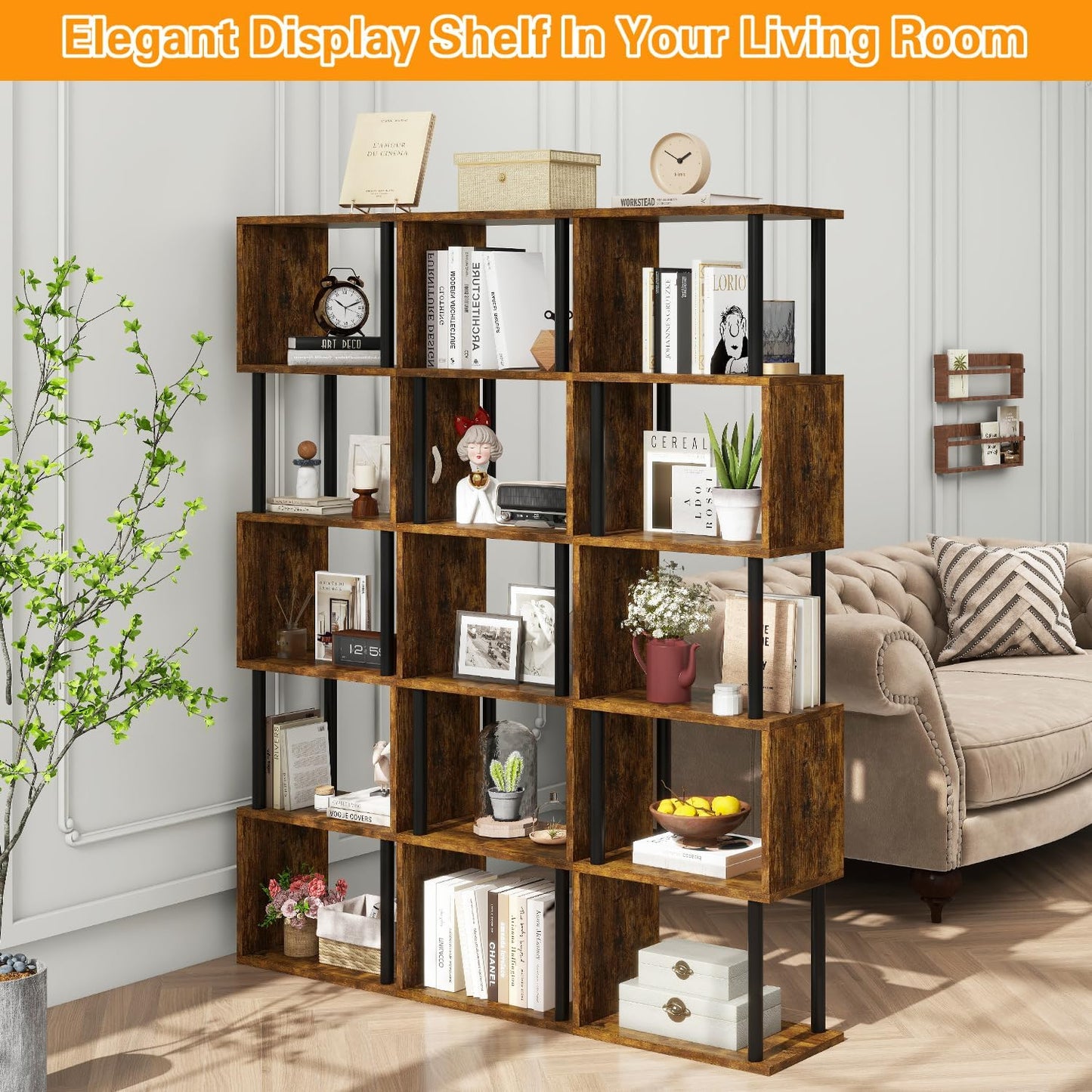 IBUYKE 6-Tier Tall Bookshelf,S-Shaped Geometric Bookcase, Wood Display Shelves with Storage,Industrial Bookshelf for Living Room Bedroom, Home Office, Rustic Brown WBC016H