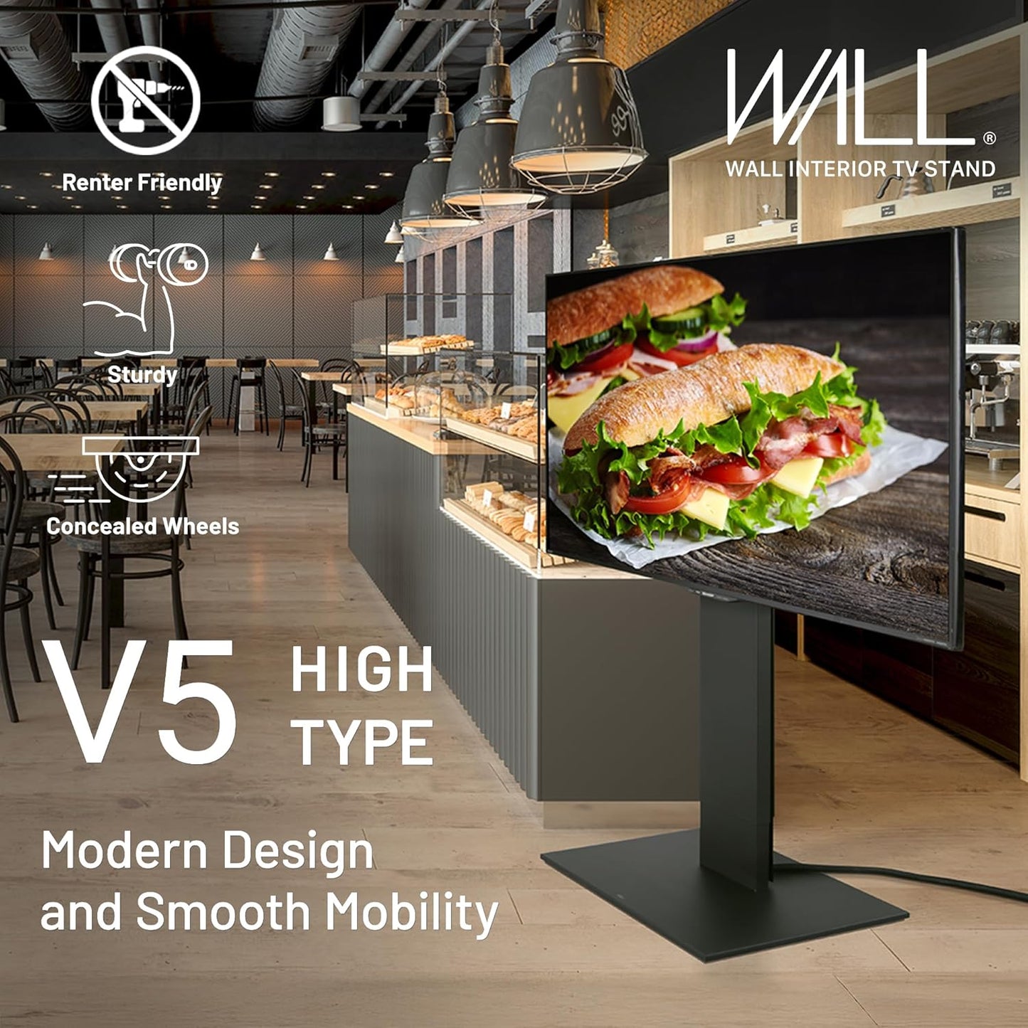 WALL V5 High Type | Minimalist Rolling TV Stand for 32–80 Inch | Satin Black | Portable, Space Saving, Height Adjustable, No Drill | for Living Room and Bedroom | Japan-Engineered Design