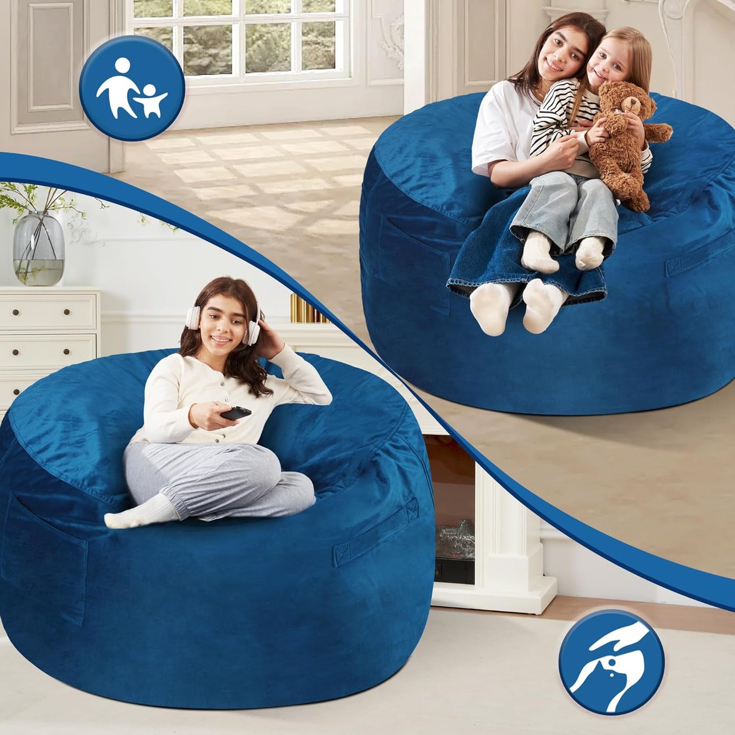Homguava 4 FT Bean Bag Chair: 4' Bean Bags with Memory Foam Filled, Large Beanbag Chairs Soft Sofa with Dutch Velvet Cover-Blue