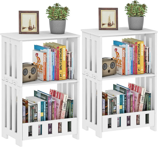 3-Tier End Table Night Stand Set of 2, White Side Table with Storage Shelf, Small Bookshelf Bedside Table for Bedroom, Living Room, Office, Bathroom