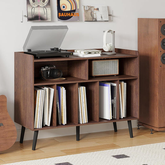 ChooChoo Record Player Stand, Turntable Stand with Vinyl Storage, Record Player Cabinet Up to 350 Albums, Cube Storage Organizer for Living Room, Walnut