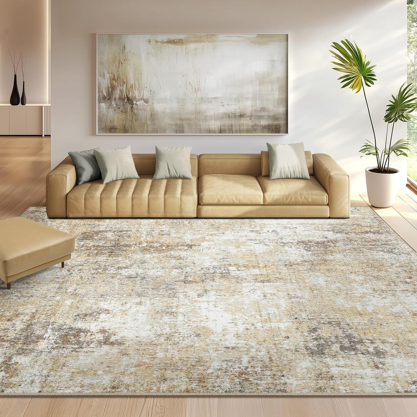 Washable Area Rugs 9'x12' Non-Slip Modern Abstract Soft for Living Room Entryway Bedroom Nursery, Print Pattern, Neutral Brown Gray