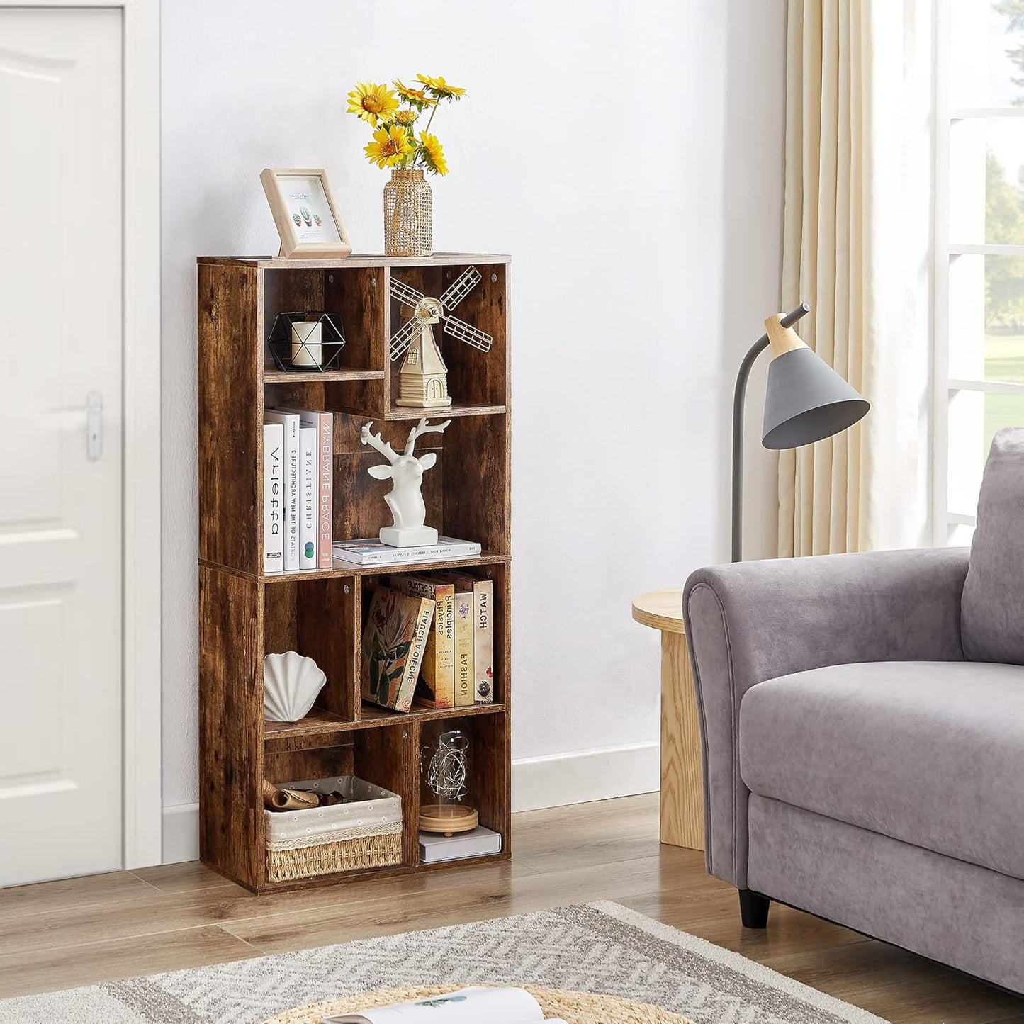 VECELO 42" Modern Bookshelf, 7 Cube Organizer Bookcase,Fits Tallest Hardcovers, Horizontal Available,Floor Standing Display,Easy Assembly, Vintage Brown