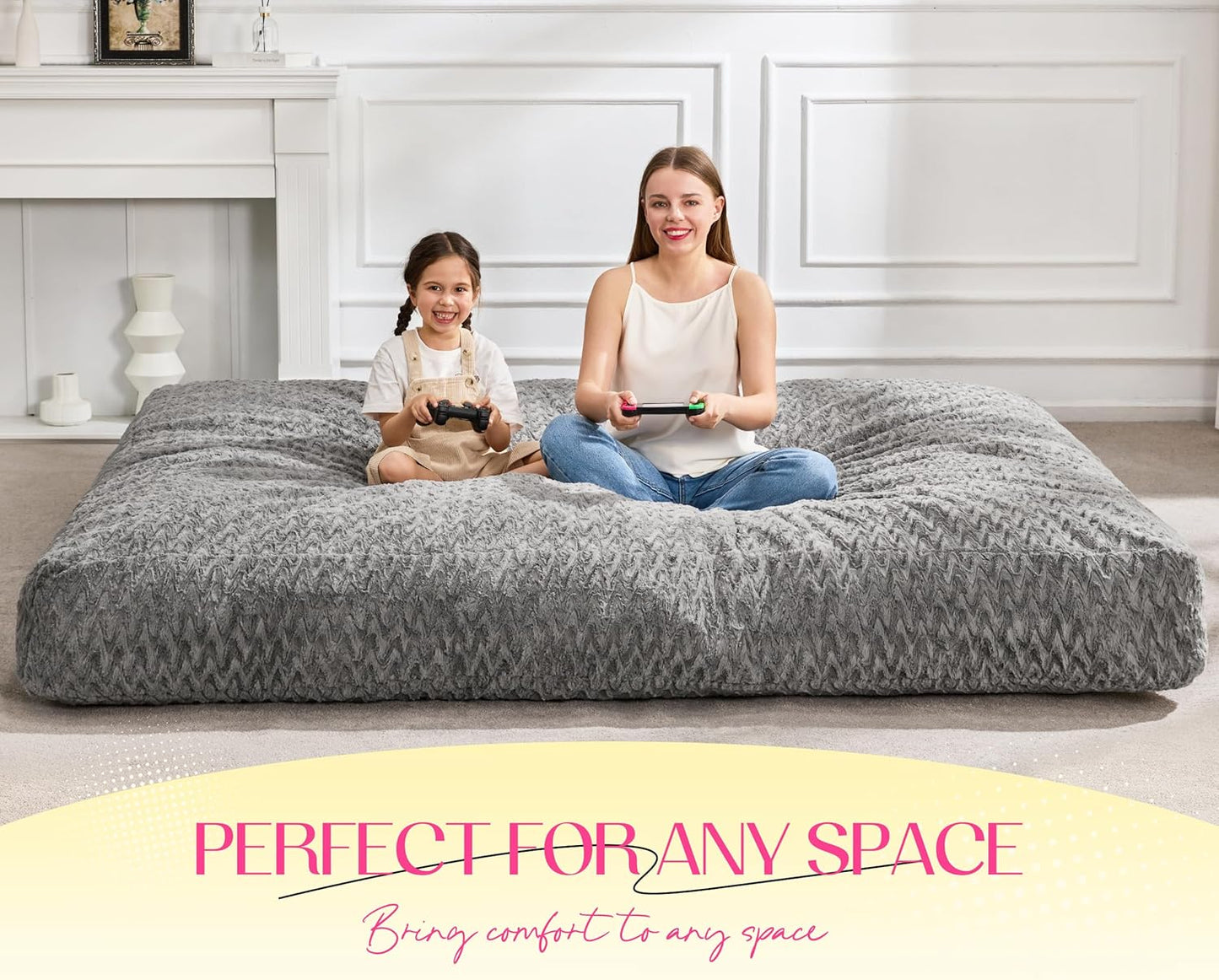 Hobestluk Bean Bag Chair Convertible Beanbag Chairs for Adults, 3 in 1 Bean Bags with Plush Chevron Cover, Adult Bean Bag Chair for Living Room, Bedroom (Grey, Queen)