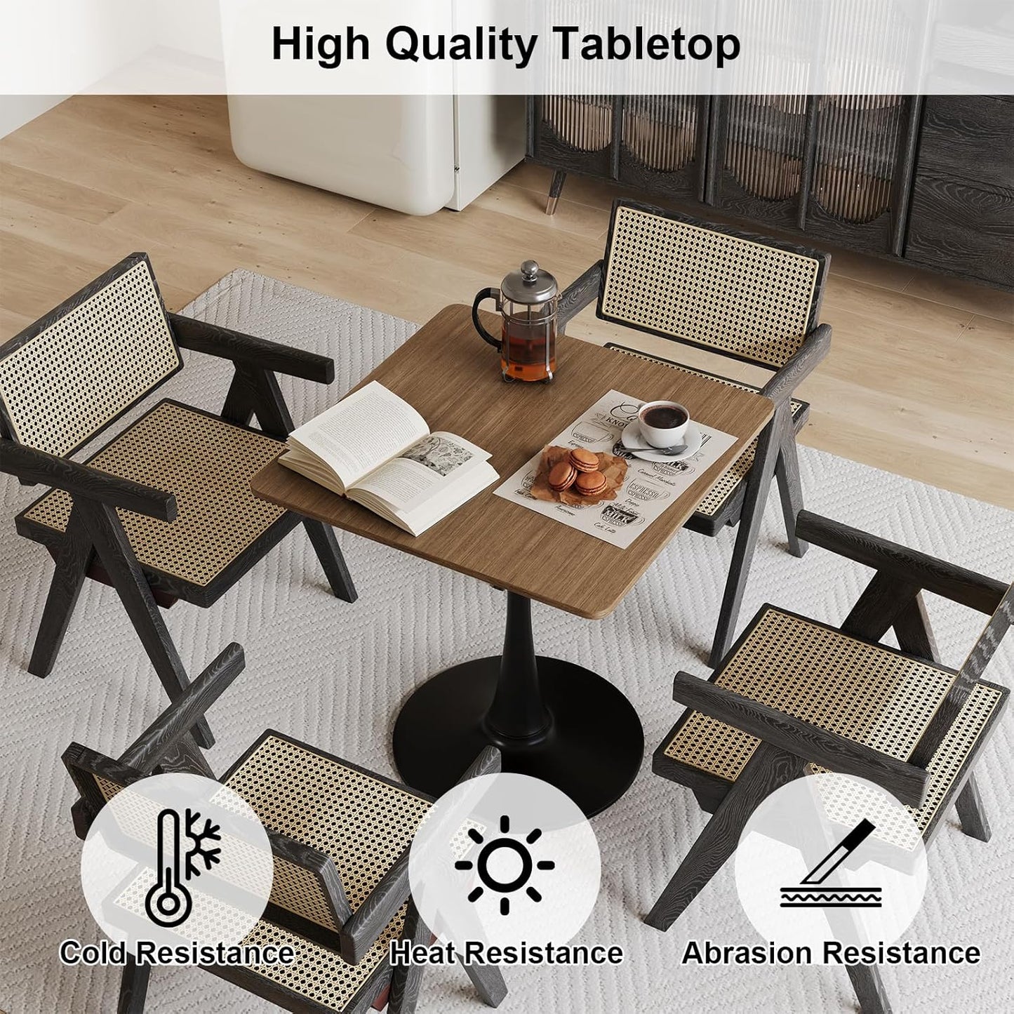 Walnut Square Tulip Table for 2, 24 Inch Small Dining Table with Metal Pedestal Base for Kitchen, Mid-Century Modern Table with Round Corners for Living Room, Cafe and Home Office