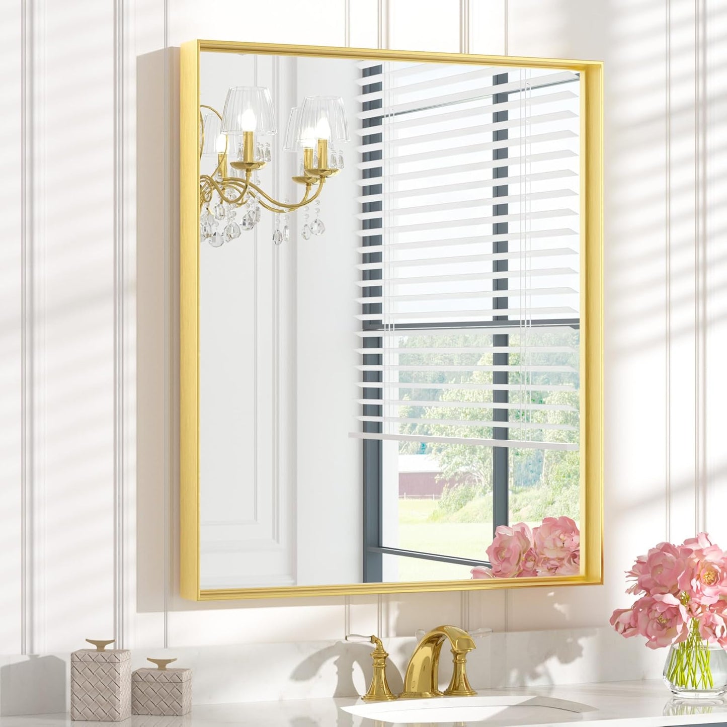 Keonjinn 30 x 36 Inch Brushed Gold Bathroom Mirror Metal Framed Rectangle Wall Gold Vanity Mirror for Bathroom Gold Rectangle Mirror for Bathroom Over Sink(Horizontal/Vertical)