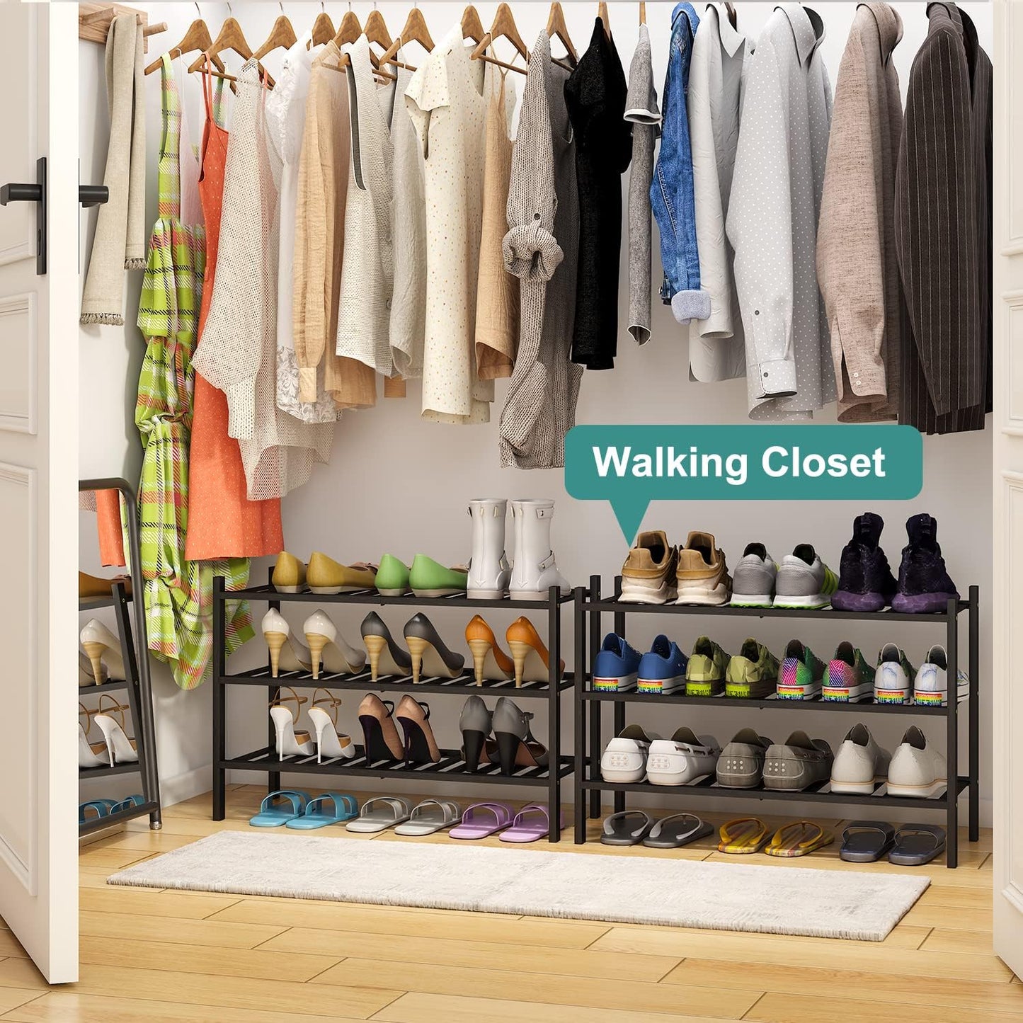 3-Tier Black Bamboo Shoe Rack for Entryway, Stackable | Foldable | Natural, Shoe Shelf Storage Organizer for Hallway Closet, Free Standing Shoe Racks for Indoor Outdoor