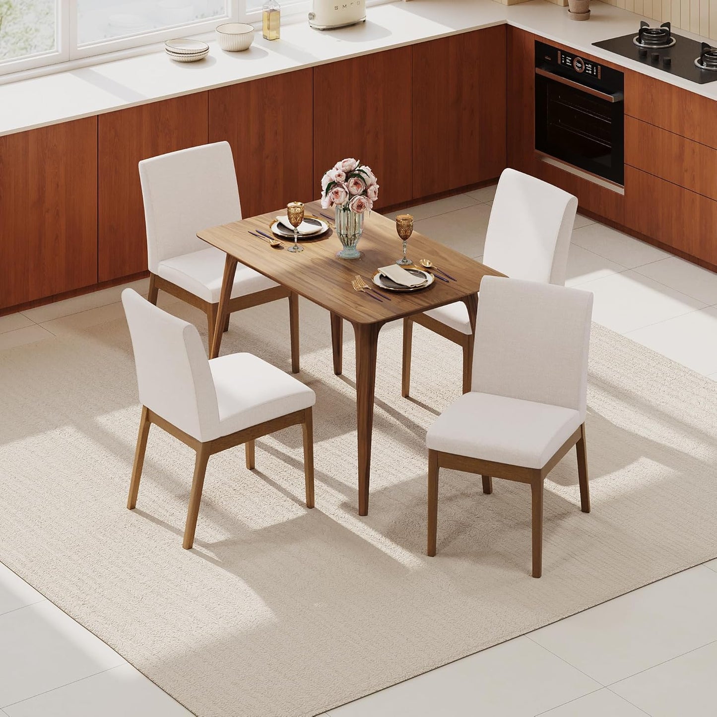 Dining Table Set for 4, Solid Rubberwood Upholstered Chairs, Mid-Century Modern Kitchen Furniture for Home, Dining/Living Room, Walnut+Beige