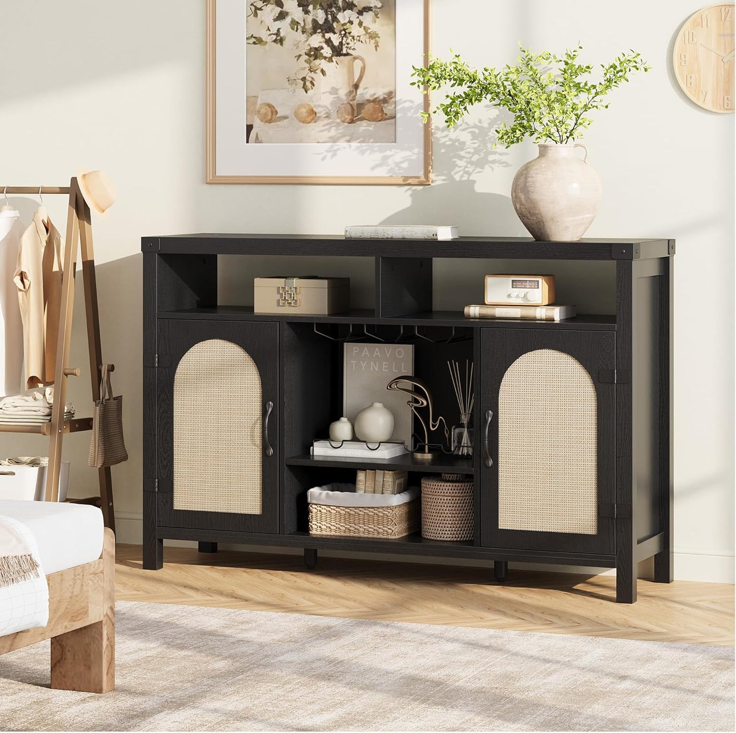 IDEALHOUSE Rattan Buffet Cabinet with Storage, Rattan Wine Bar Cabinet, Sideboard with Glass Holder, Adjustable Shelves, Coffee Bar Cabinet for Living Room Dining Room Hallway, Black