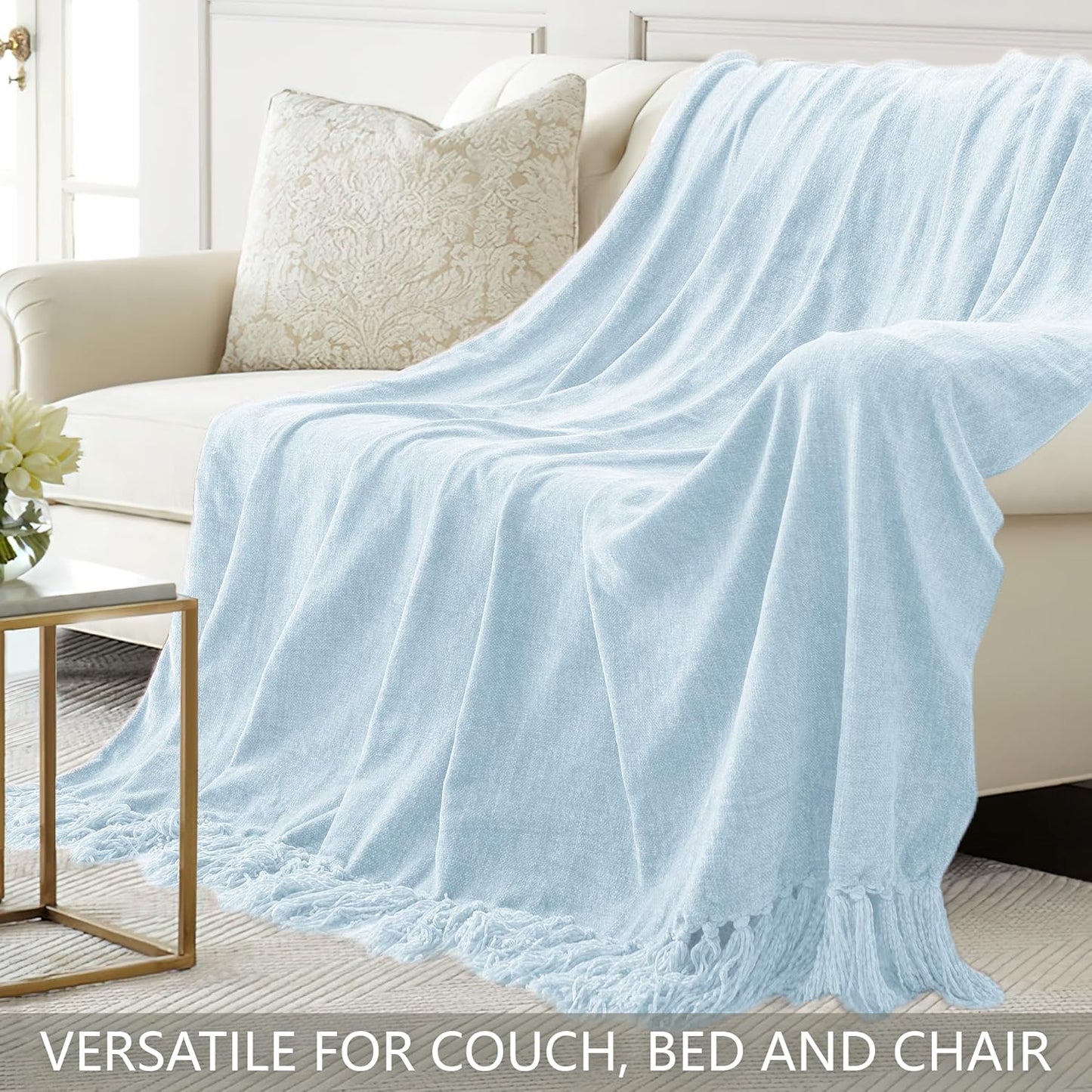 Chenille Throw Blanket for Couch 50"X 60", Soft Cozy Throws with Fringe Tassel for Bed Sofa Chair Cover, Lightweight Knitted Decorative Boho Blankets for Living Room, Light Blue