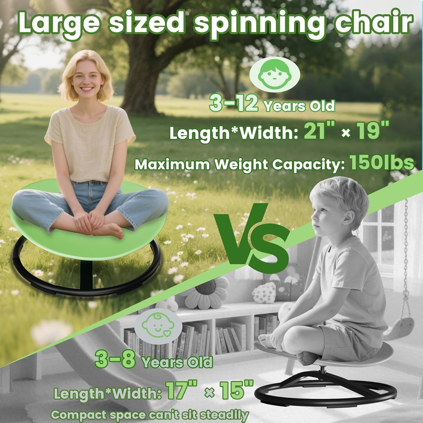 21" L × 19" W Large Size Spinning Chair for Autistic Kids, Autism Sensory Spinning Chair, Sensory Toys for Kids with Autism & ADHD, Sit and Spin Training Body Coordination, Light Green Rounded Share