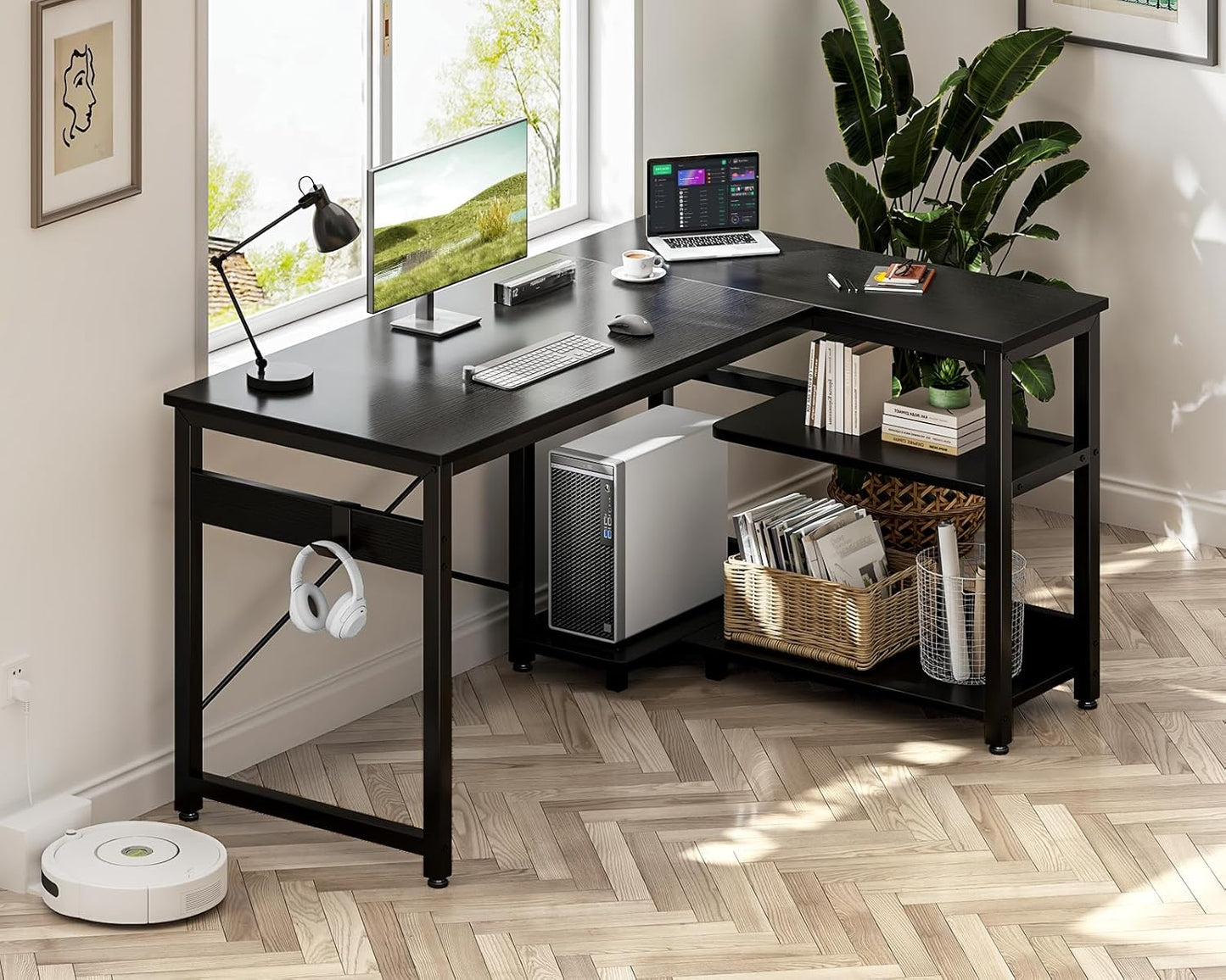 Casaottima L Shaped Computer Desk, 48 Inch Small Corner Desk with Storage Shelves & PC Stand, Reversible Gaming Desk for Bedroom, Modern Writing Study Table for Home Office, Black