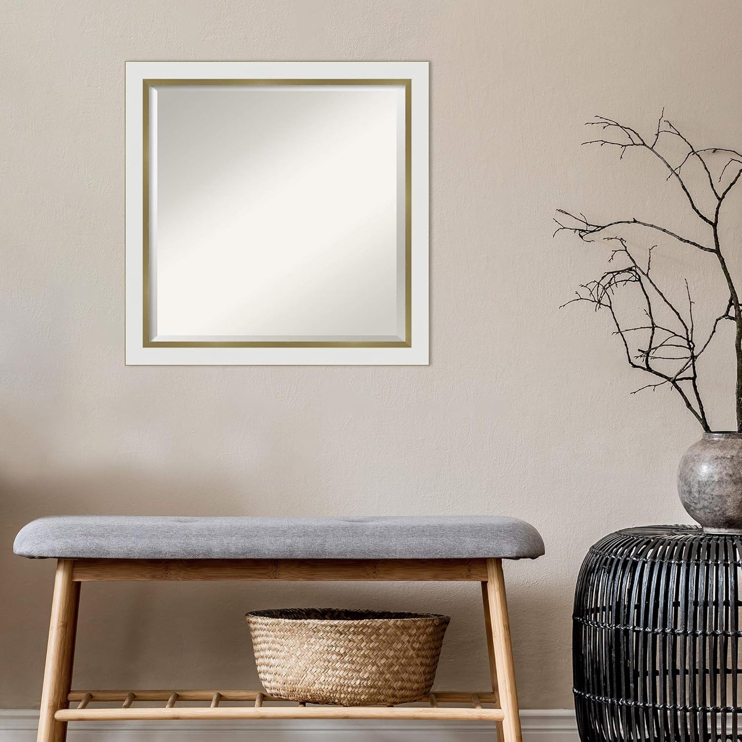 Amanti Art White Bathroom Mirror for Over Sink, 23x23 Eva White Gold Narrow Square Vanity Mirror, Medium Modern Contemporary Frame, Hangs Horizonally and Vertically, Bathroom Wall Decor, Beveled Edge