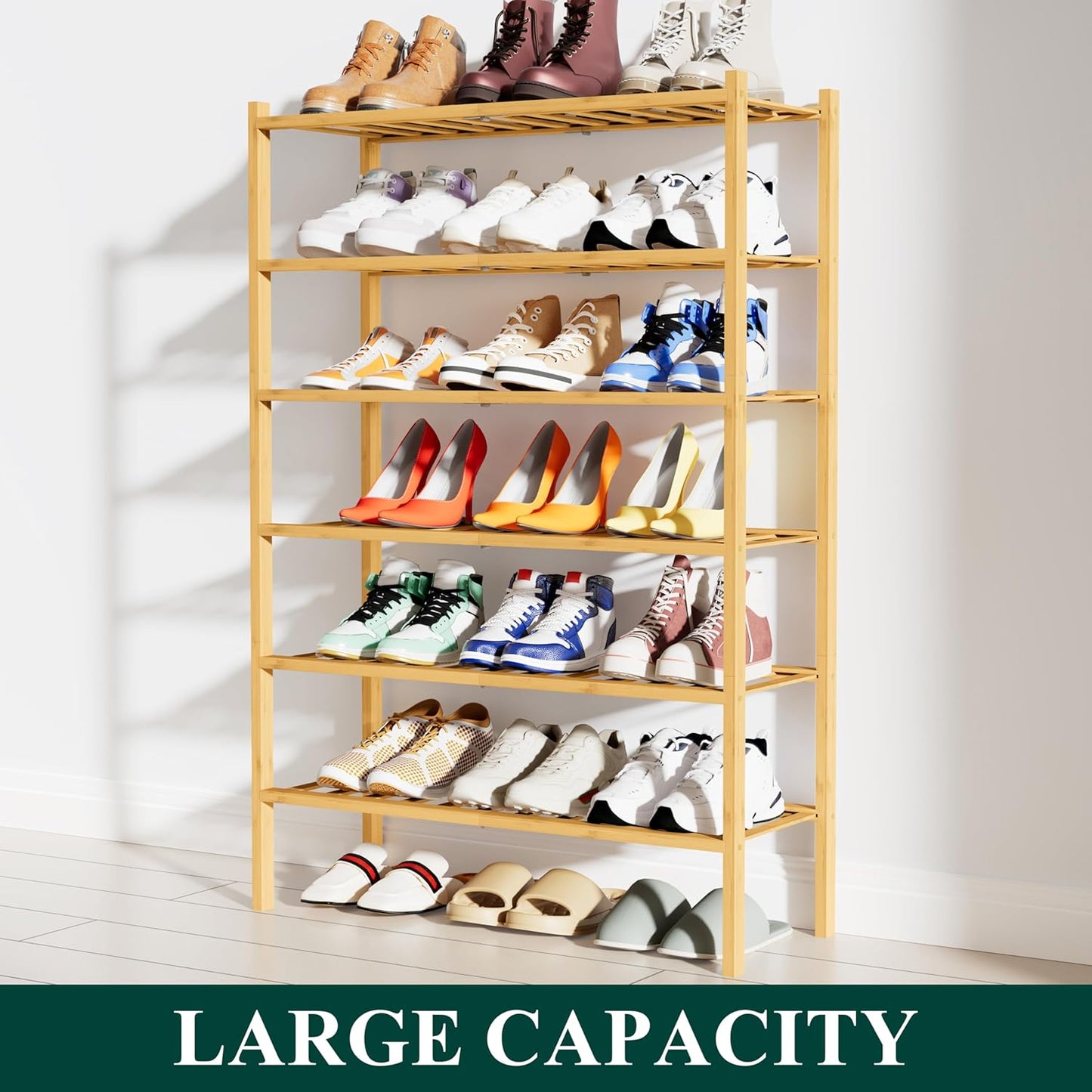 Smiry Shoe Rack, 6 Tier Bamboo Shoe Organizer, Stackable Free Standing Wooden Shoe Storage Shelf for Closet, Entryway, Front Door Entrance, Natural