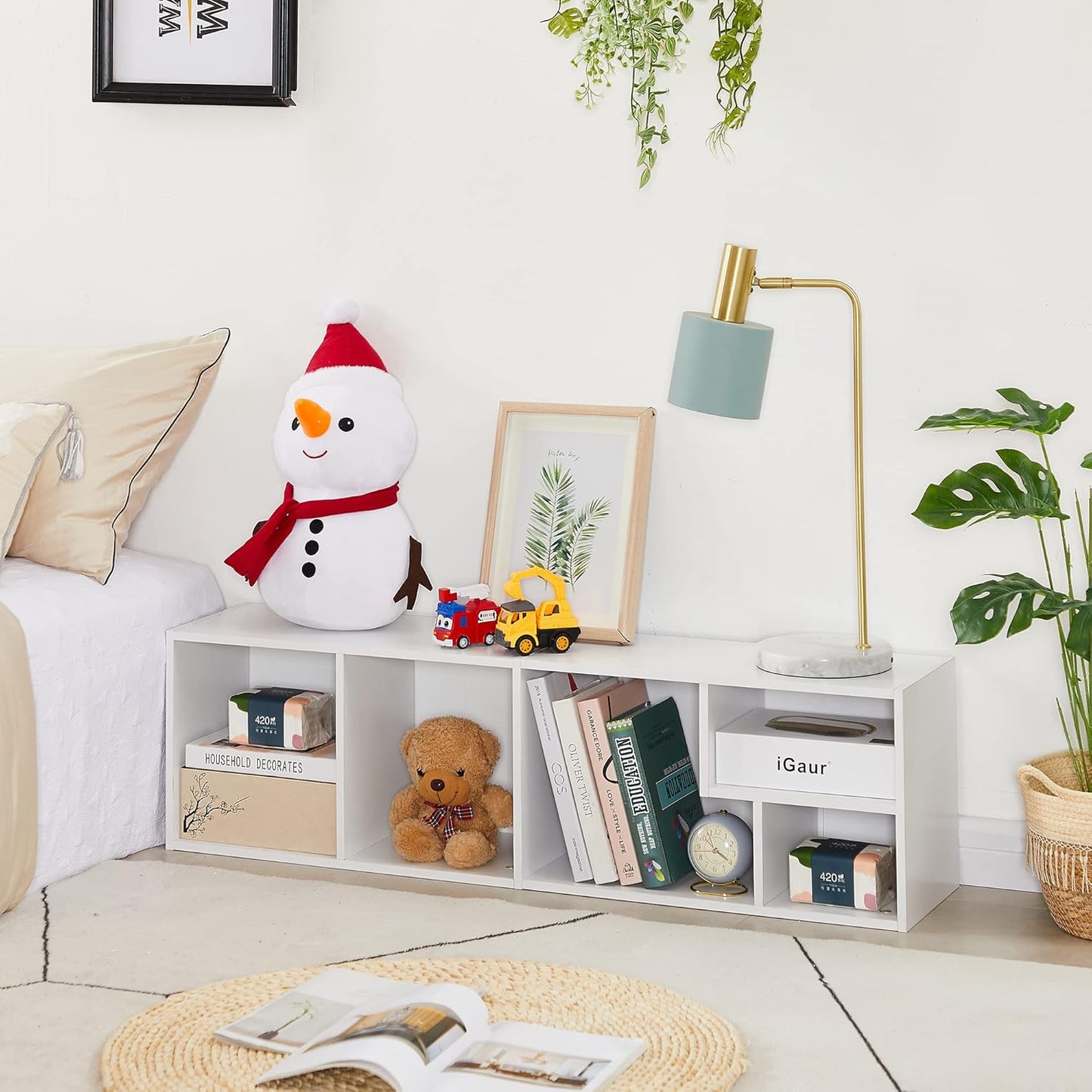 VECELO 4-Tier Bookcase, Modern Storage Cabinet with Height Difference Shelves for Standard Textbooks, 5 Cubes, Vertical or Horizontal, Easy Assembly, Pearl White