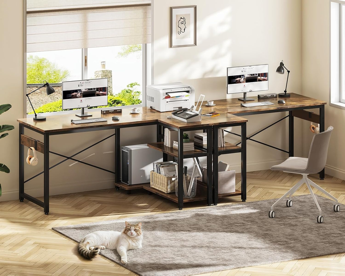 Casaottima L Shaped Computer Desk, 48 Inch Small Corner Desk with Storage Shelves & PC Stand, Reversible Gaming Desk for Bedroom, Modern Writing Study Table for Home Office, Vintage