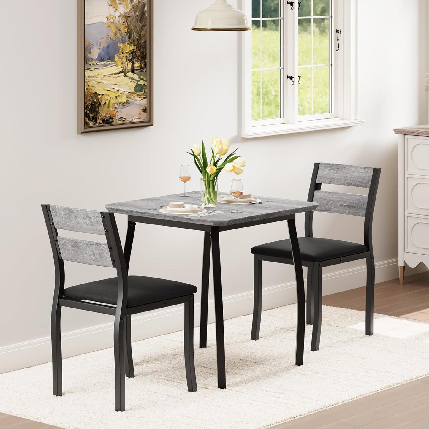 GAOMON Dining Table Set for 2, 3 Piece Small Kitchen Table and 2 Upholstered Chairs with Metal Frame & Wood Grain Tabletop for Small Space, Apartment, Kitchen, Dining Room, Black/Grey