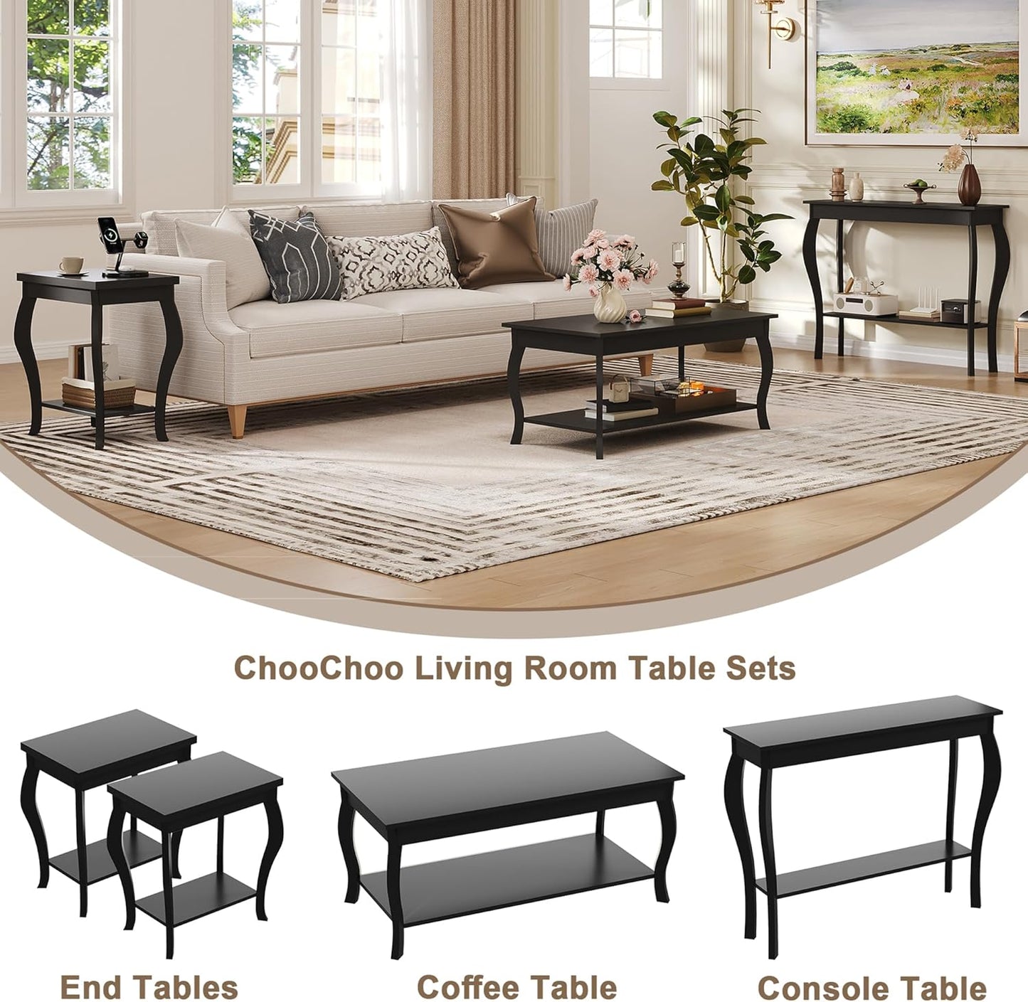 ChooChoo End Tables Living Room, Side Tables Living Room with Curved Legs and Storage Shelf, Small End Tables for Small Spaces, Black