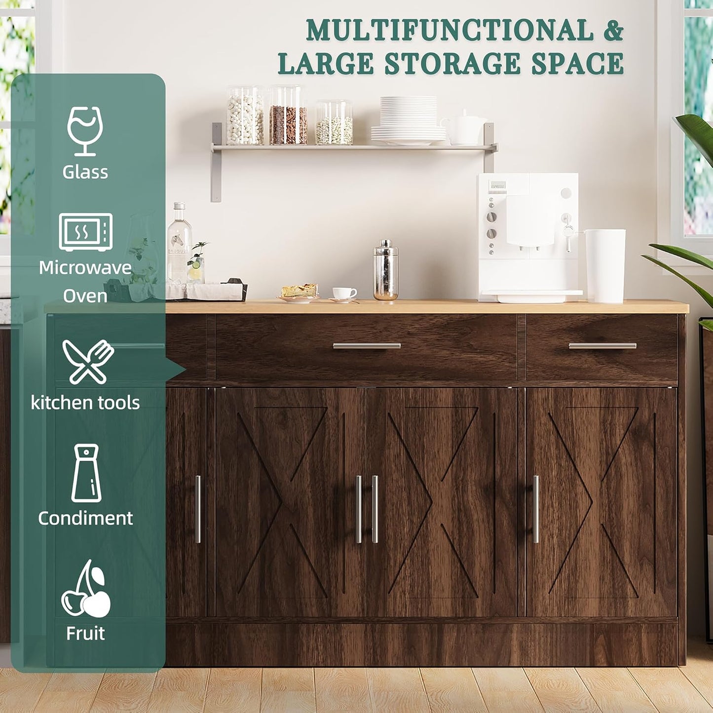 Shintenchi Sideboard Buffet Cabinet with Storage,53.4" Large Kitchen Buffet Storage Cabinet with 3 Drawers and 4 Doors,Wood Farmhouse Sideboard with Adjustable Shelf for Kitchen, Living Room,Brown