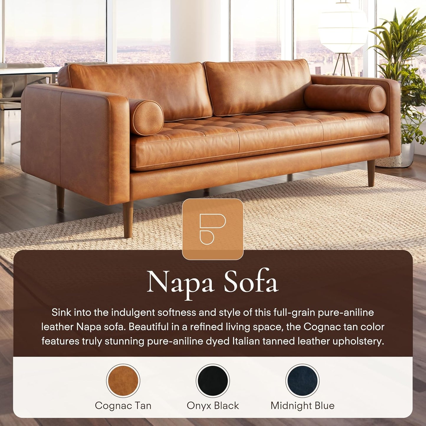 Poly & Bark Napa Leather Couch - 88.5-Inch Office Sofa with 2 Bolsters - Full-Grain Leather Sofa for Living Room with Feather-Down Topper - Living Room Couch - Vintage Italian Leather in Cognac Tan