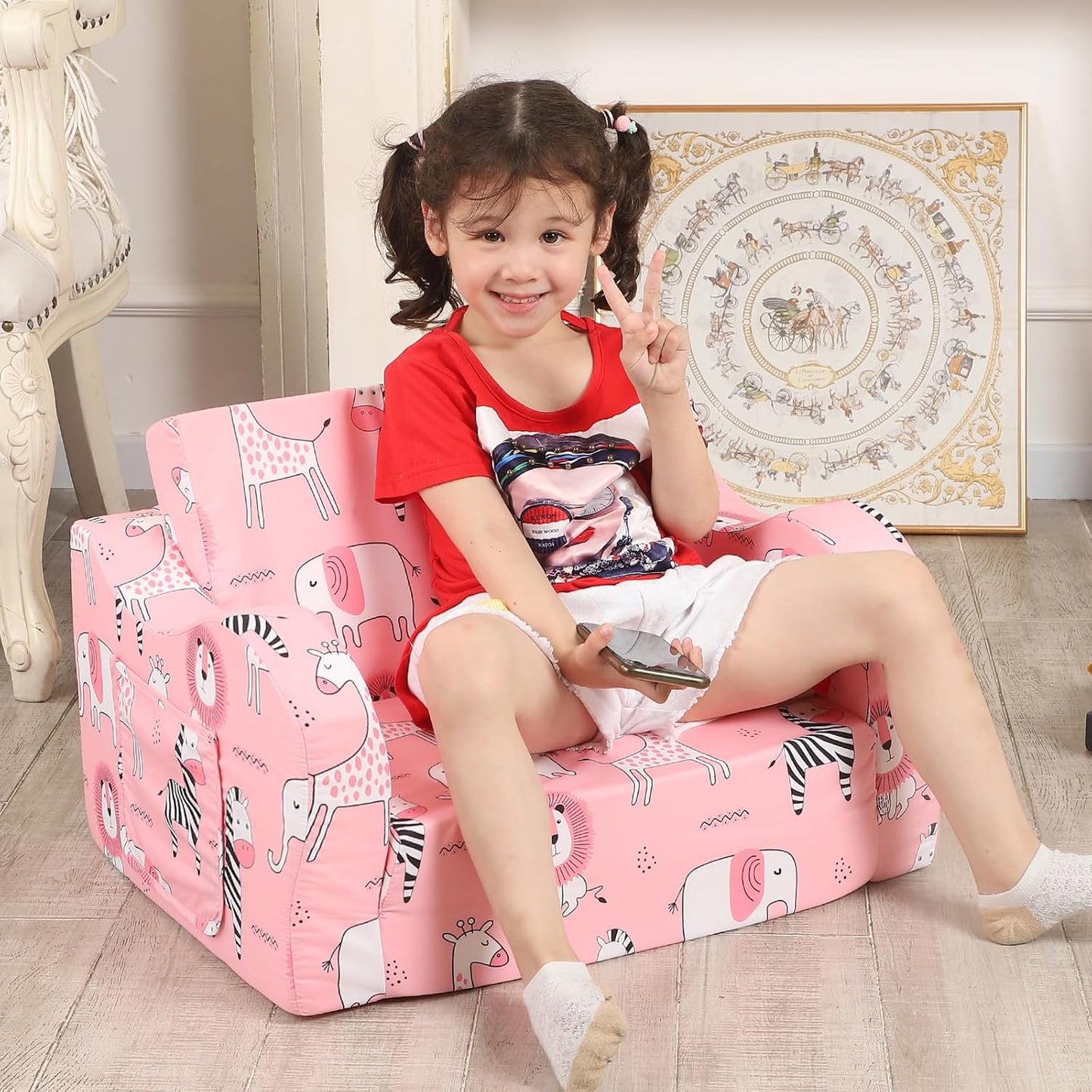 Pink Kids Sofa, 2-in-1 Kids Couch Fold Out, Convertible Sofa to Bed for Girls and Boys