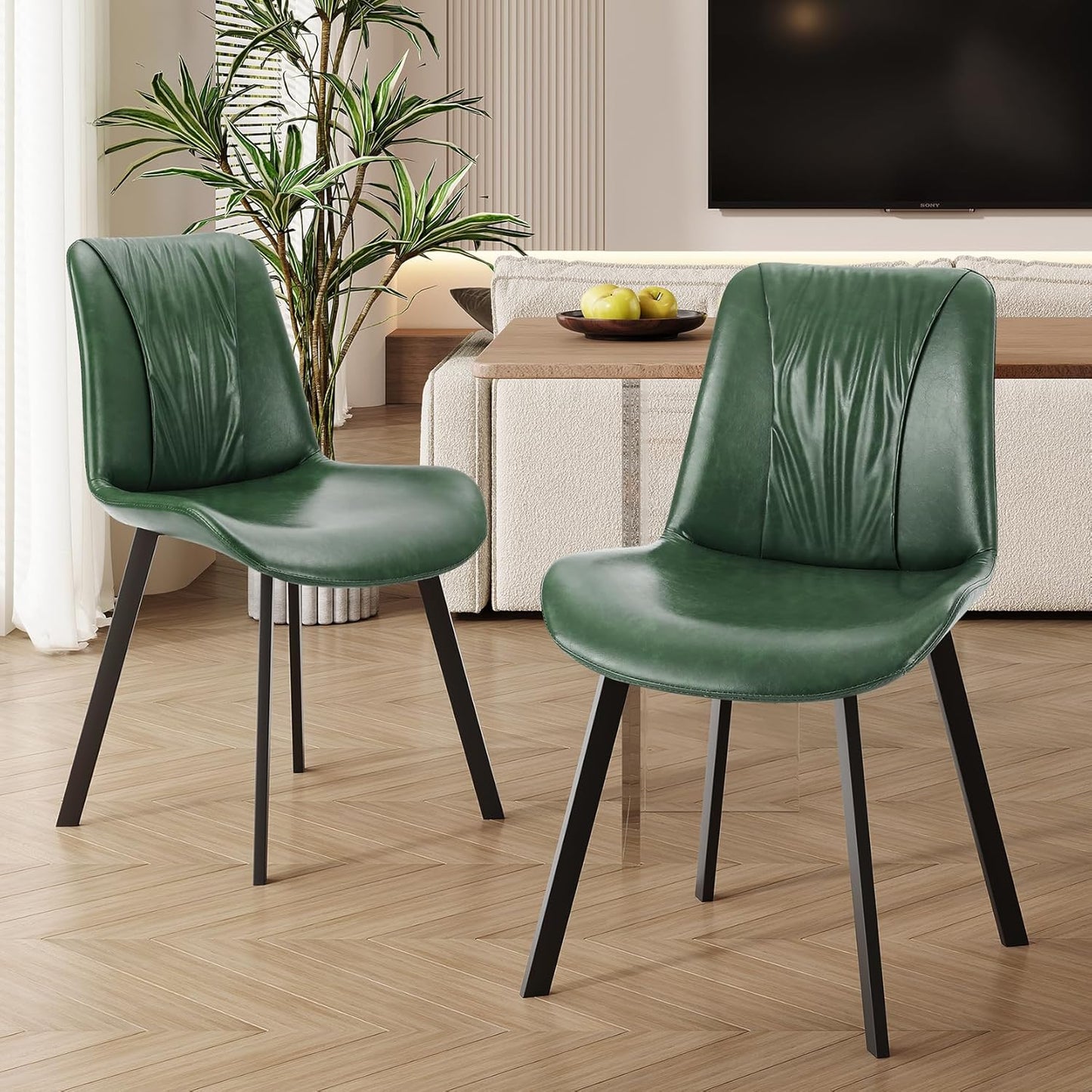 Upholstered Dining Chairs Set of 2, Modern Kitchen & Dining Room Chairs, Faux Leather, Sturdy Metal Legs, for Living Room, Cafe & Restaurant- Green