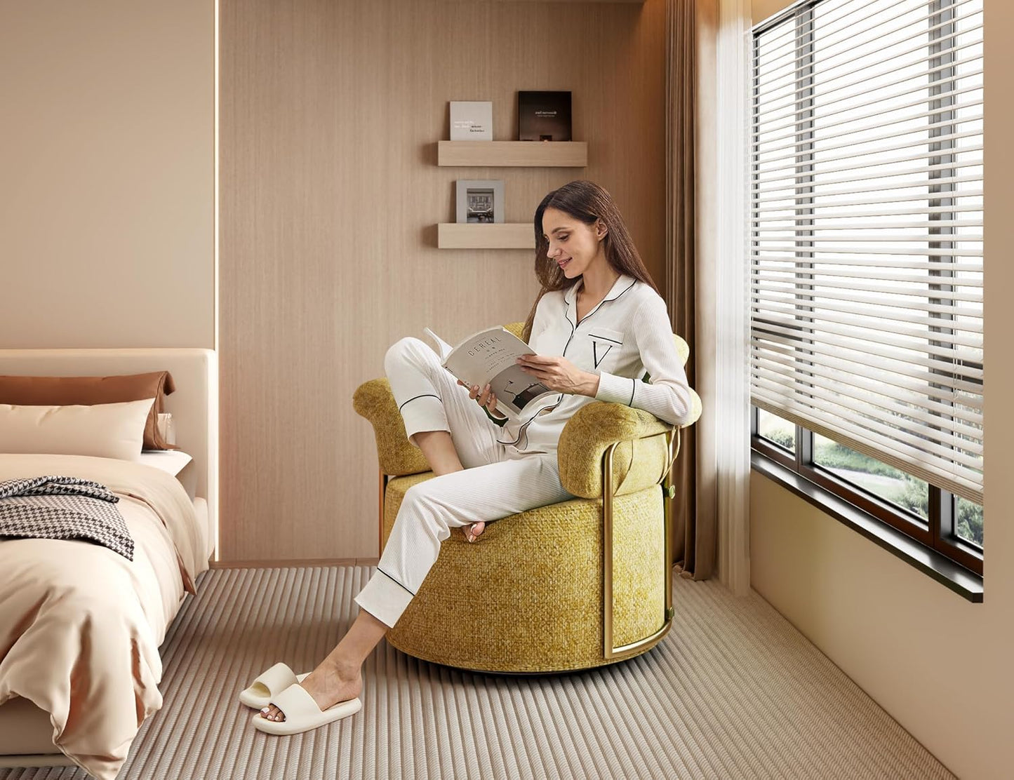 KEIKI Modern Comfy Swivel Accent Reading Chair, 360°Round Upholstered Barrel Armchair Single Club Lounge Sofa Chairs for Living Room,Bedroom, Office,Yellow