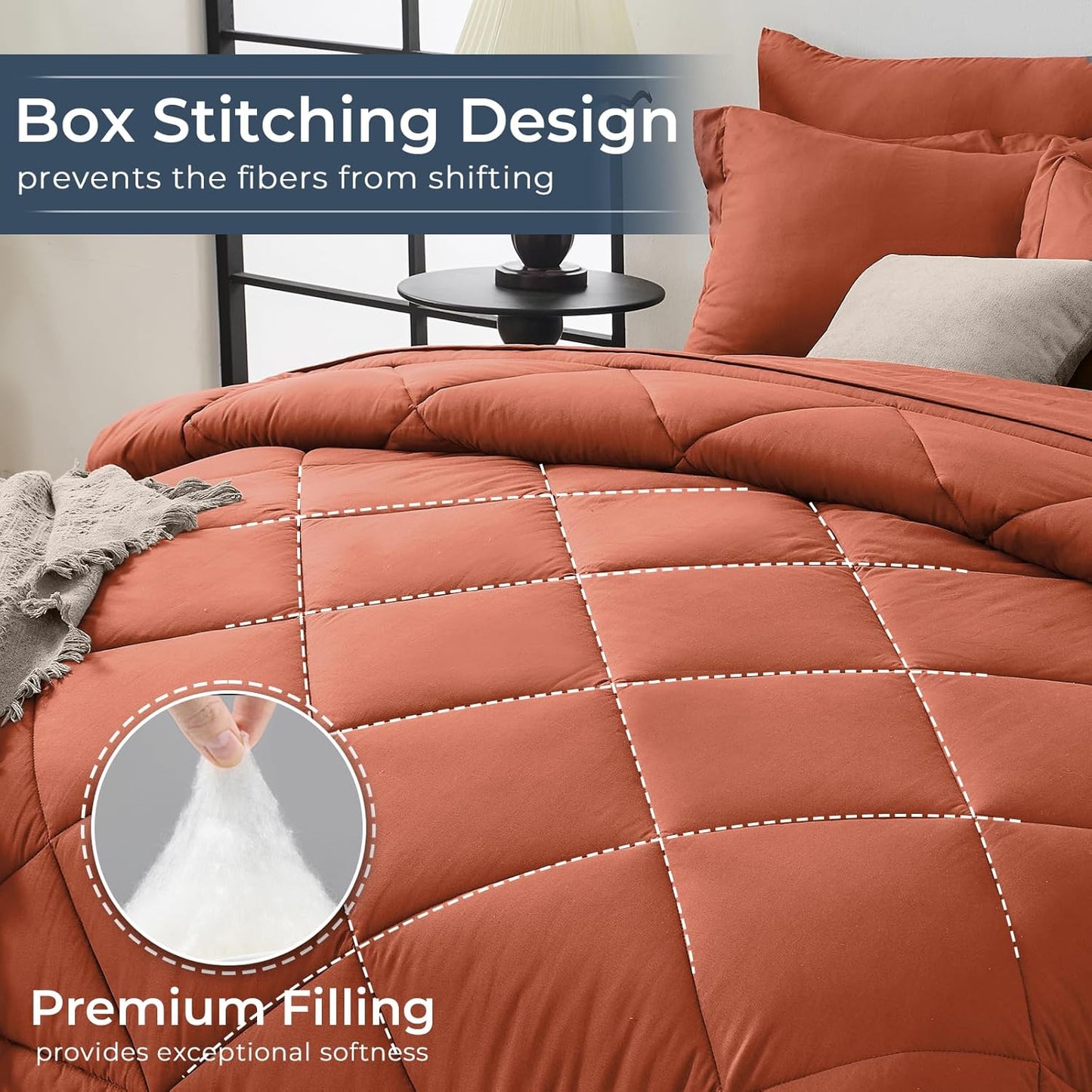 HEVUMYI Burnt Orange King Comforter Set - 7-Piece All Season Bed in a Bag King, Ultra Soft Bedding Set with Comforter, Flat Sheet, Fitted Sheet, Pillowcases, Pillow Shams