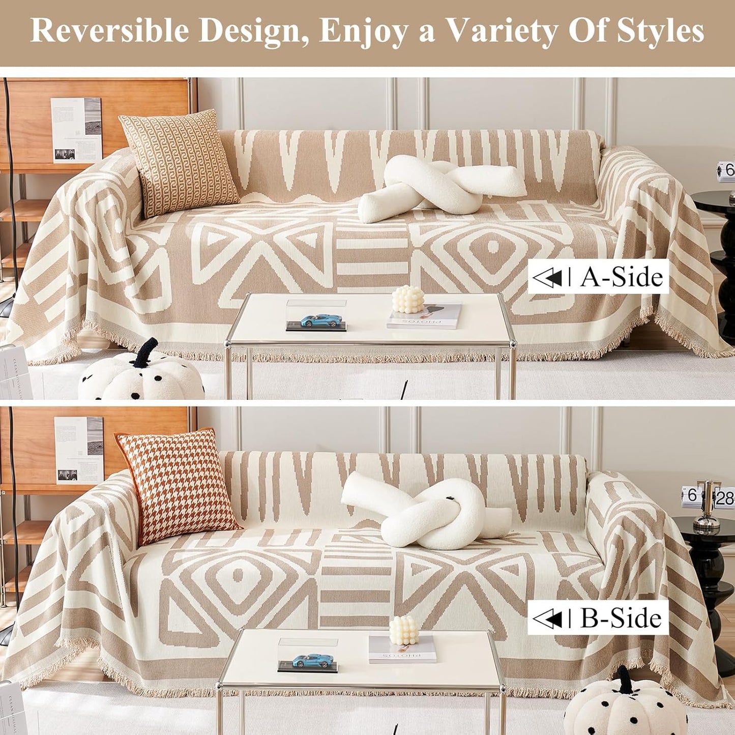 STACYPIK Khaki Beige Sofa Cover for Dogs Cats Boho Couch Cover for 3 Cushion Couch Soft Plaid Triangle Couch Cover Reversible Furniture Protector Loveseat Cover Non Slip Sectional Couch Cover-91X118IN