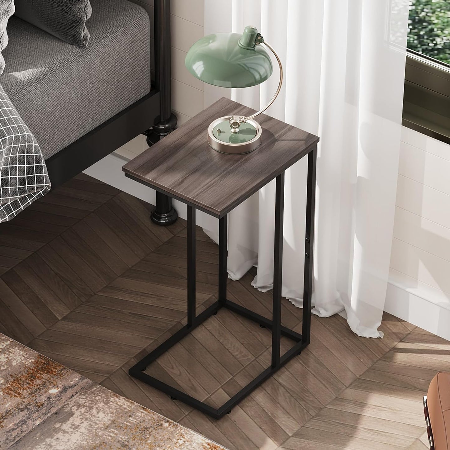 WLIVE Small Side Table, C Shaped End Table for Couch, Sofa and Bed, Tv Tray Table That Slides Under for Living Room, Bedroom, Bedside, Gray and Black