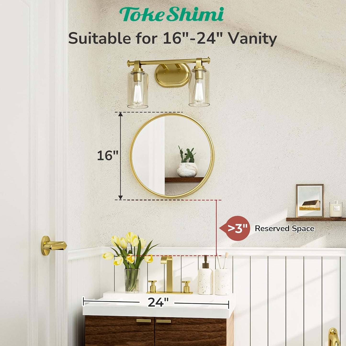 TokeShimi 16 in Round Gold Mirror Framed, 16 x 16 Shatterproof Circle Bathroom Vanity Mirror Wall Mounted Aluminum Wall Mirrored Farmhouse for Entryway, Bedroom, Restroom, Vanity, Living Room