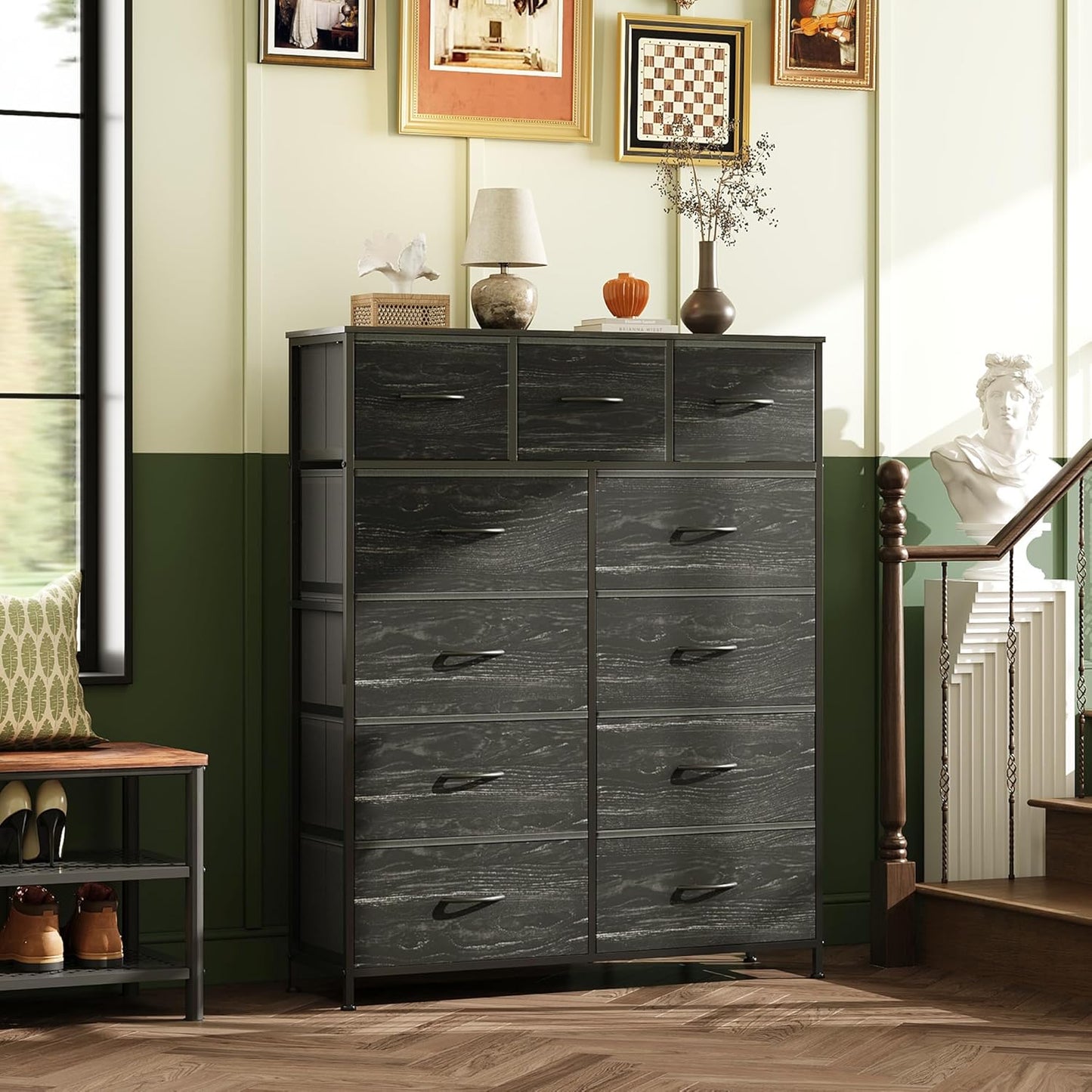 WLIVE Storage Organizer Unit with 11 Fabric Bins, Storage Drawers Organizer with Steel Frame, Tall Storage Tower Organizaton for Living Room, Hallway, Office, Charcoal Black Wood Grain Print