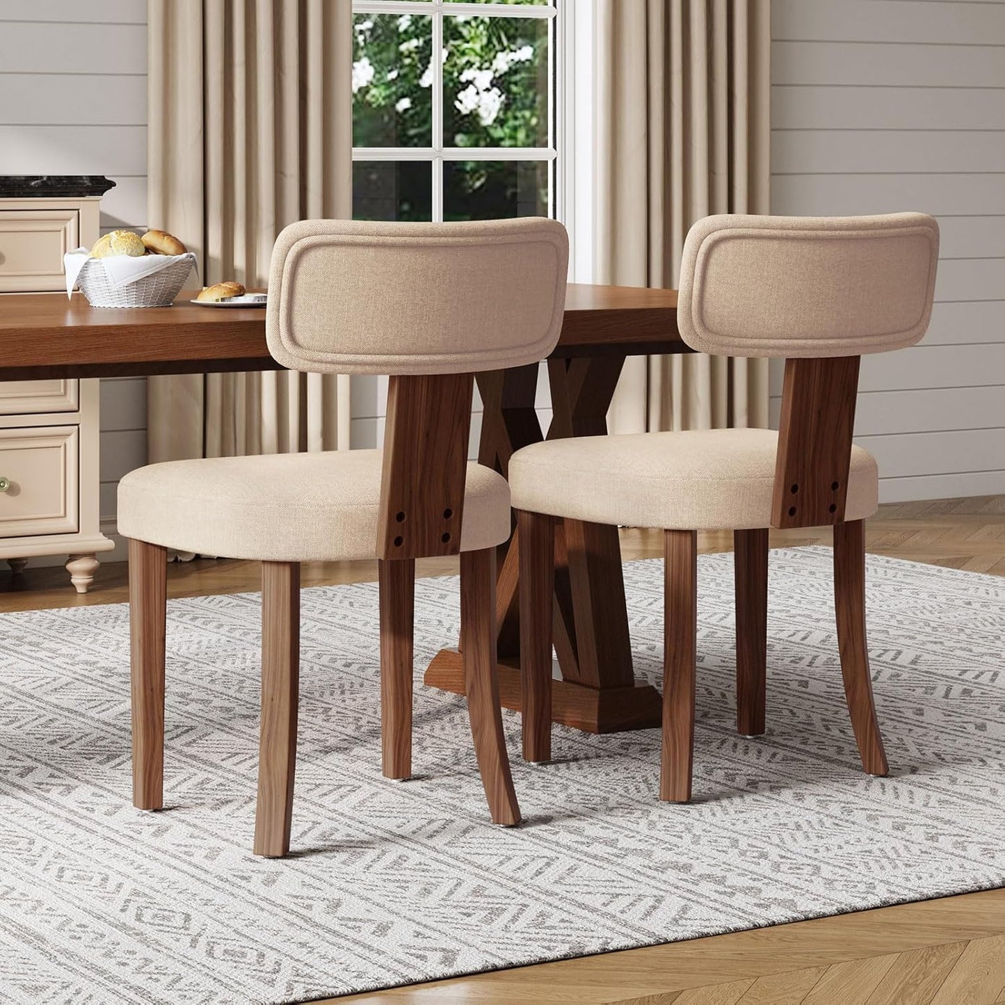 Farmhouse Chair Set of 4, Mid Century Modern Dining Chairs, Sherpa Upholstered Kitchen Chairs with Curved Backrest & Adjustable Legs for Living Room/Bedroom, Easy to Install, Beige Linen