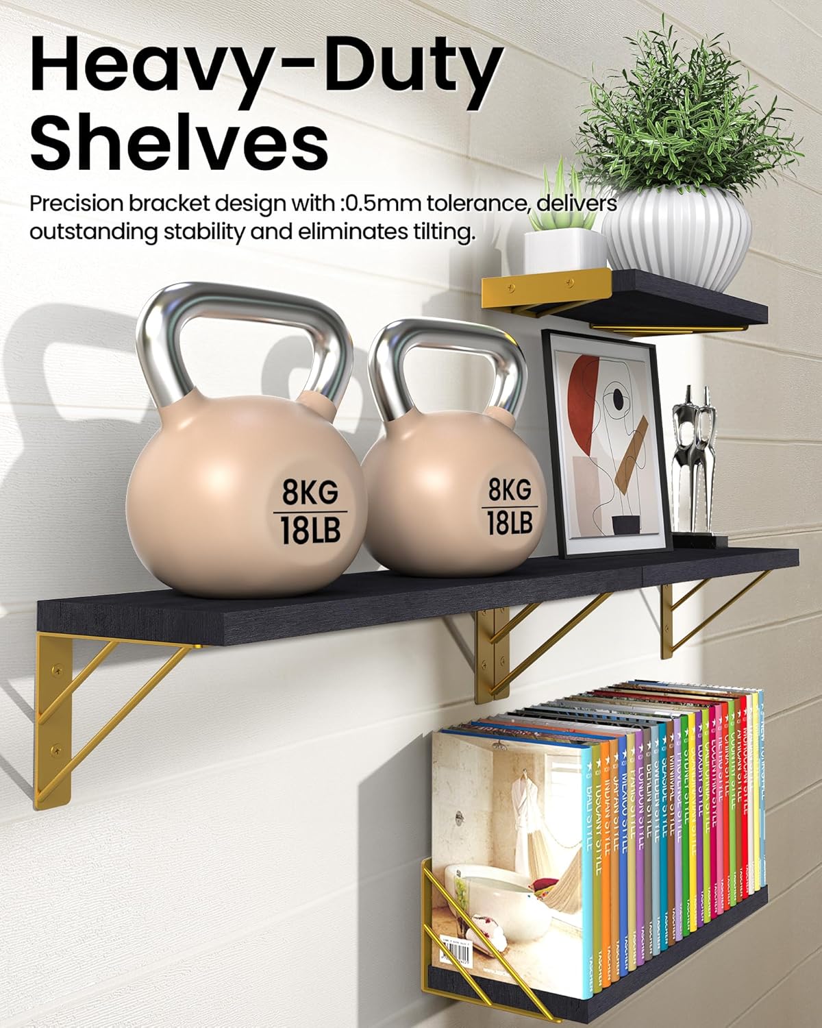 BAYKA Floating Shelves for Bedroom Decor, Wall Shelves for Storage, Wall Mounted Rustic Wood Floating Shelf for Books,Corner Shelf for Bathroom,Kitchen,Living Room(Black and Gold，Set of 4)